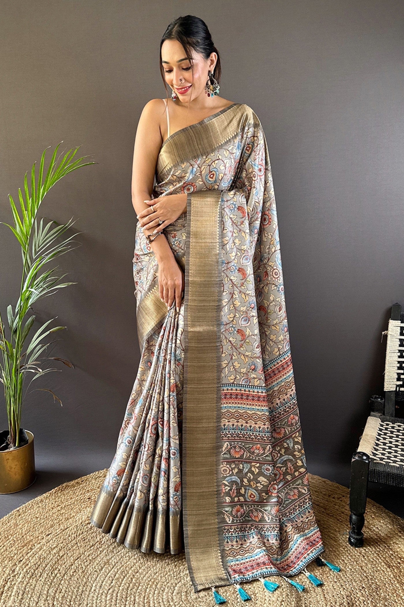 Smokey Grey Printed Tussar Silk Saree