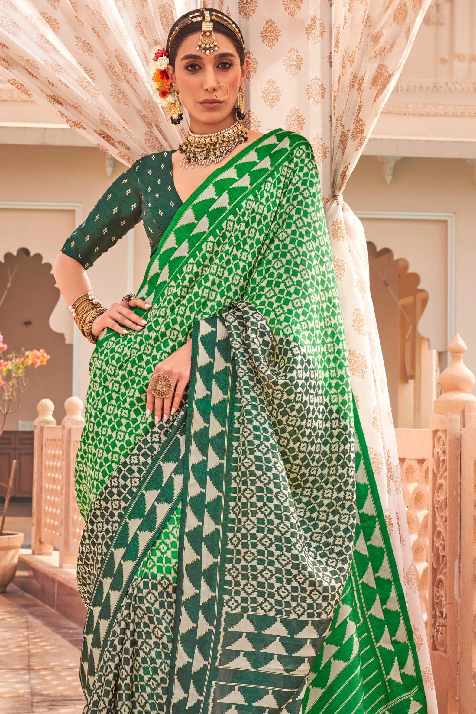 Muted Green Printed Patola Saree