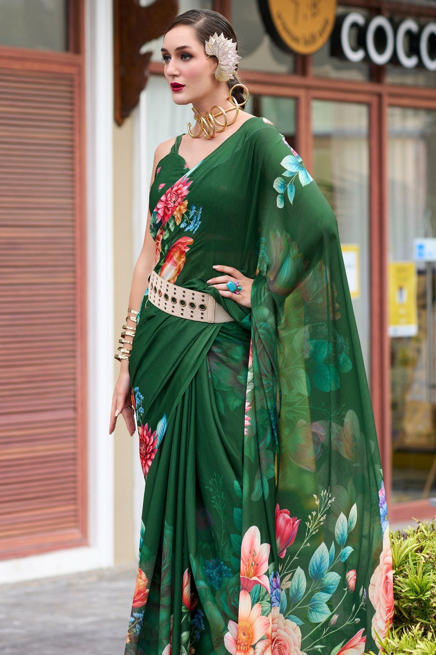 Gable Green Printed Georgette Saree