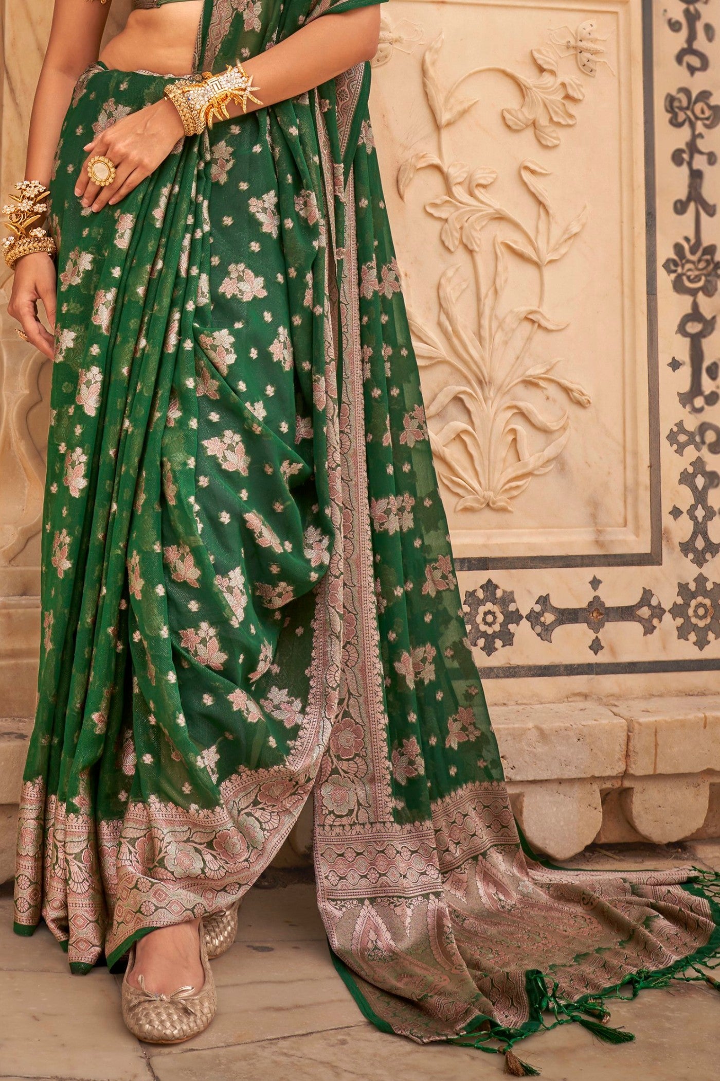 Dark Clover Green Zari Woven Georgette Saree