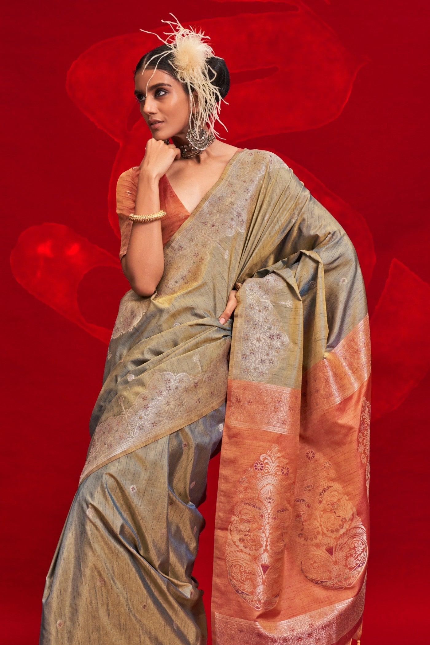 Spice Green Tussar Handloom Silk Saree