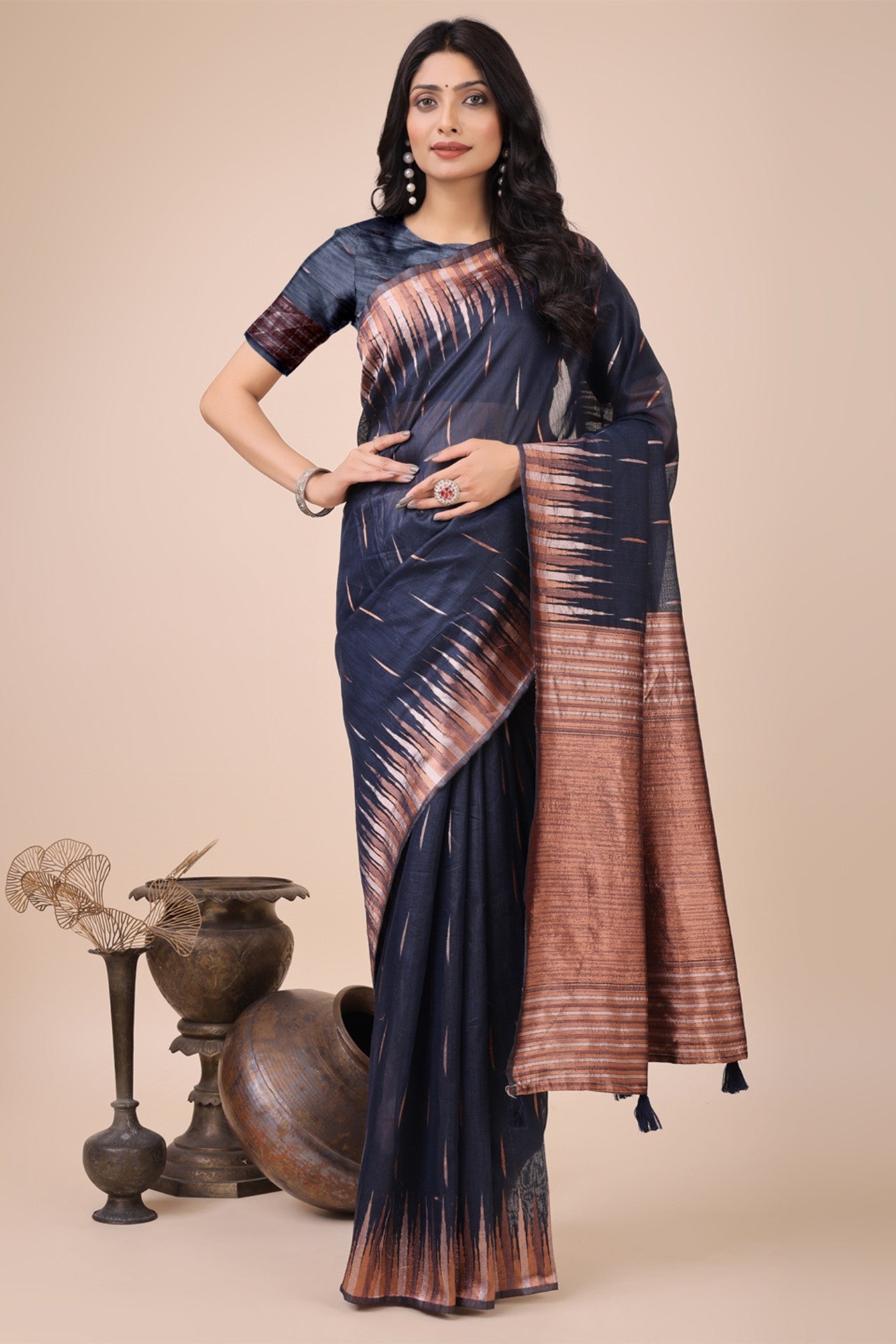Indigo Blue Linen Cotton Saree