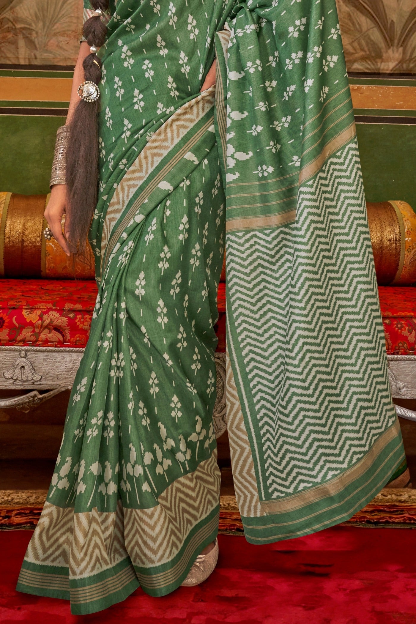 Camouflage Green Printed Patola Saree