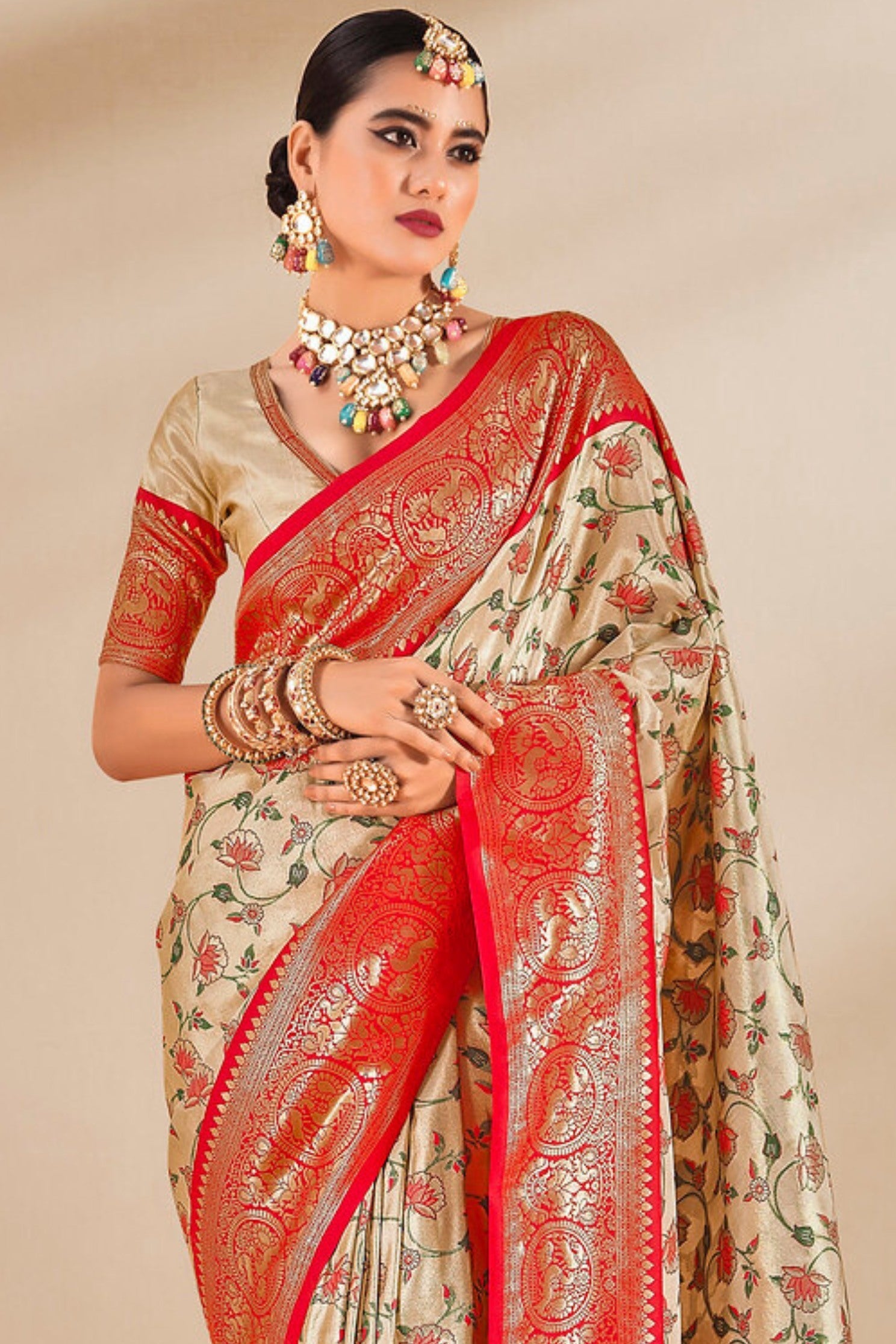 Apricot Cream and Red Zari Woven Banarasi Saree