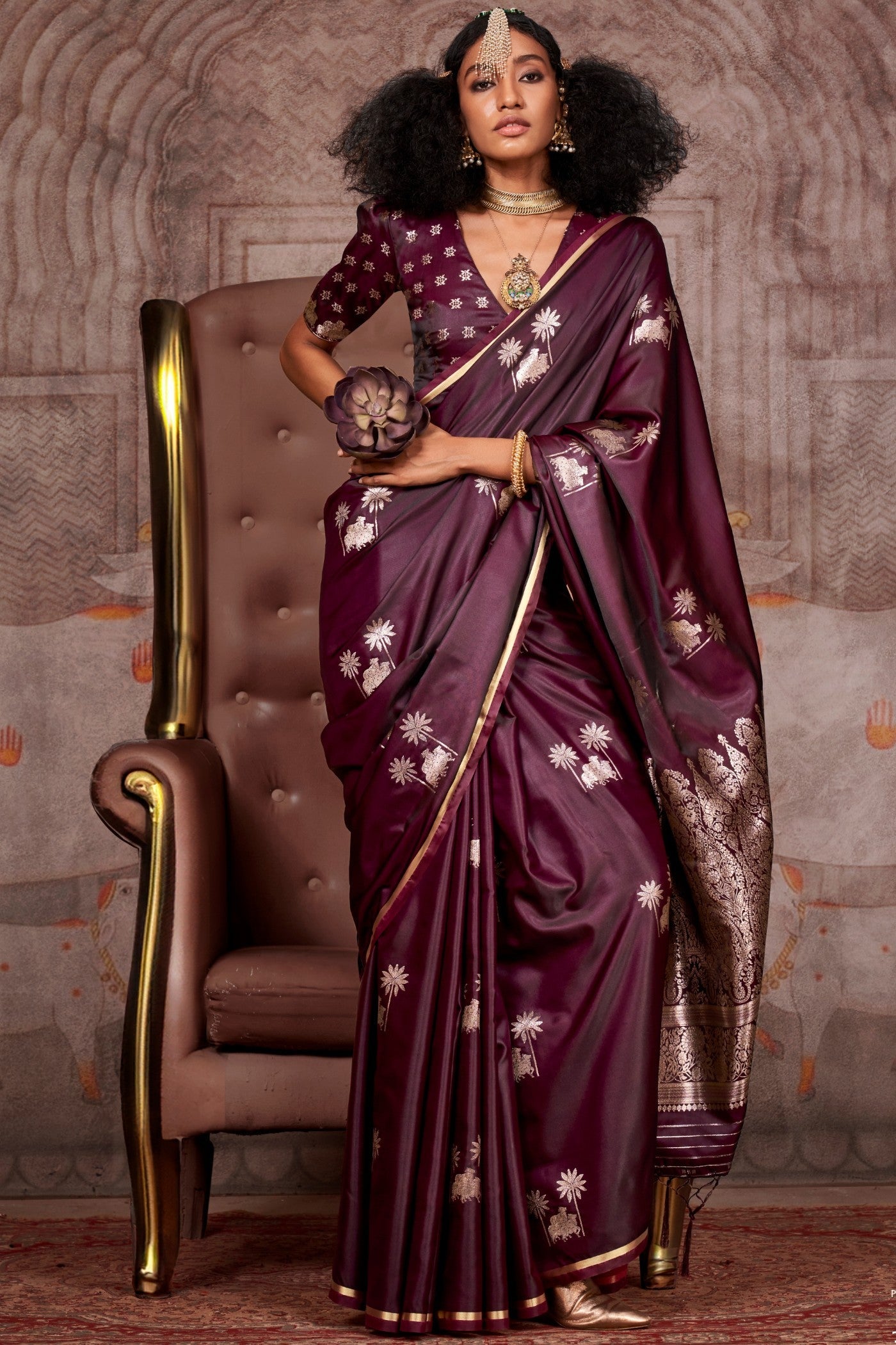 Dark Coco Brown Banarasi Pichwai Satin Saree