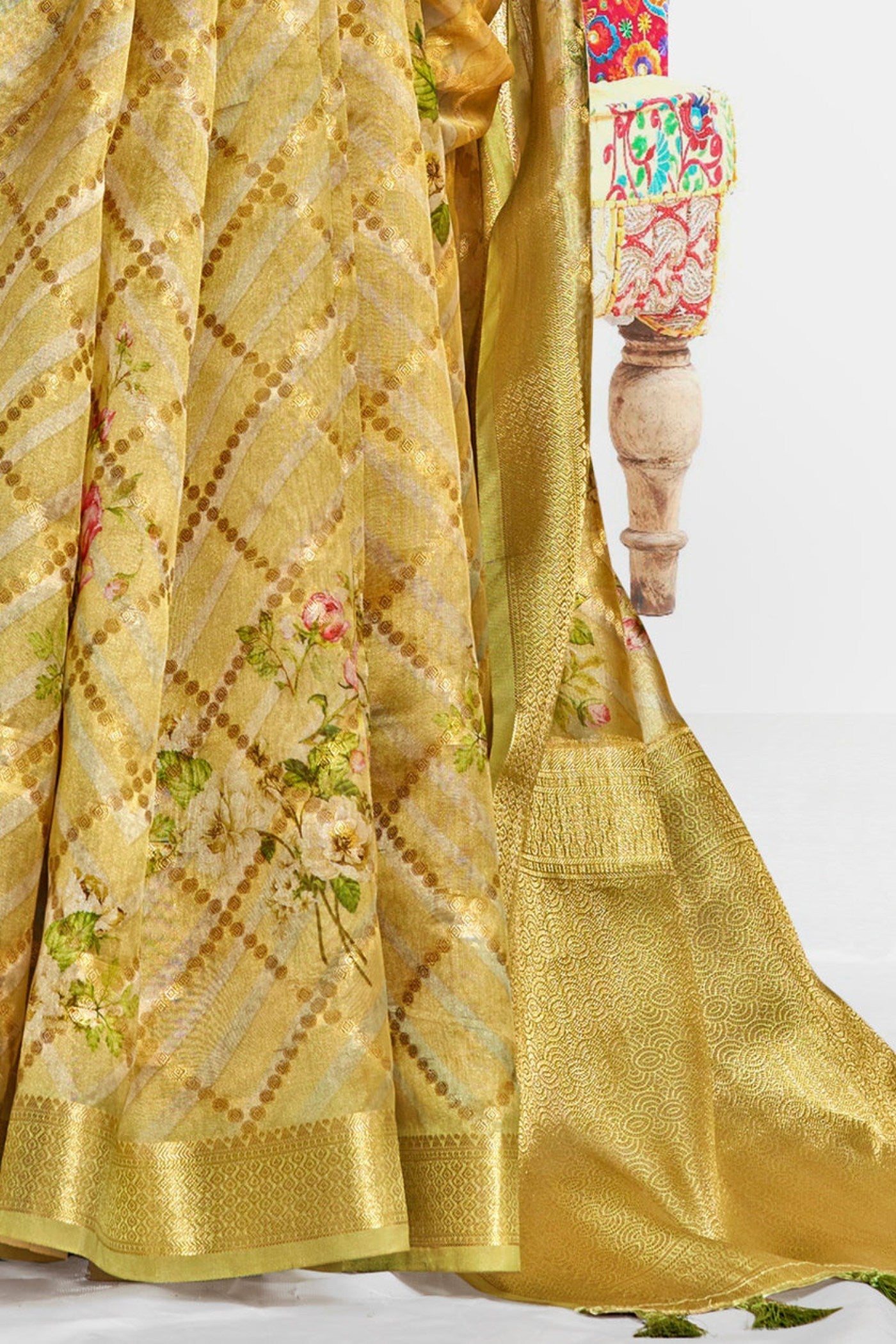 Tulip Yellow Digital Printed Banarasi Saree