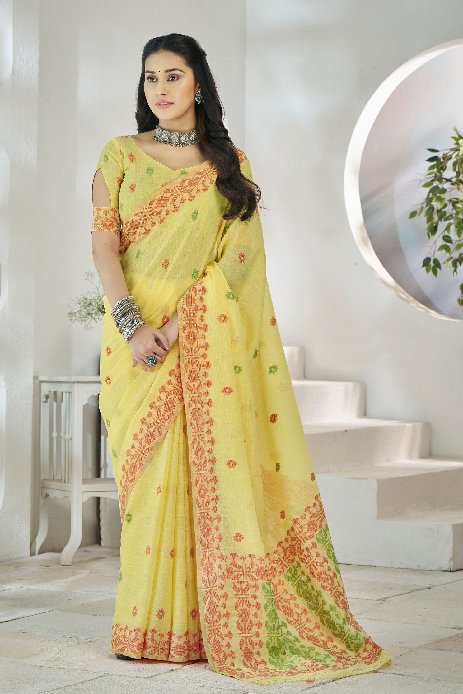 Laser Yellow Woven Linen Saree