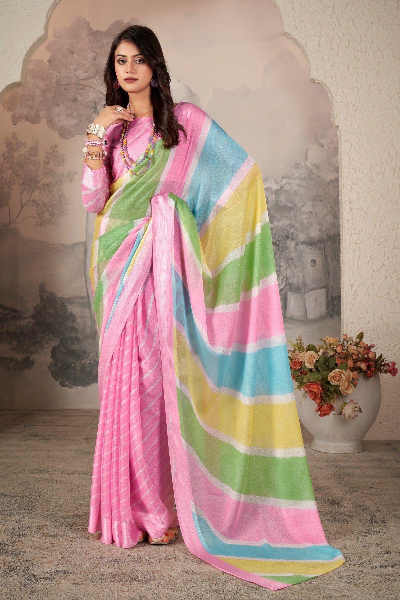 Cherry Blossom Pink Printed Satin Silk Saree