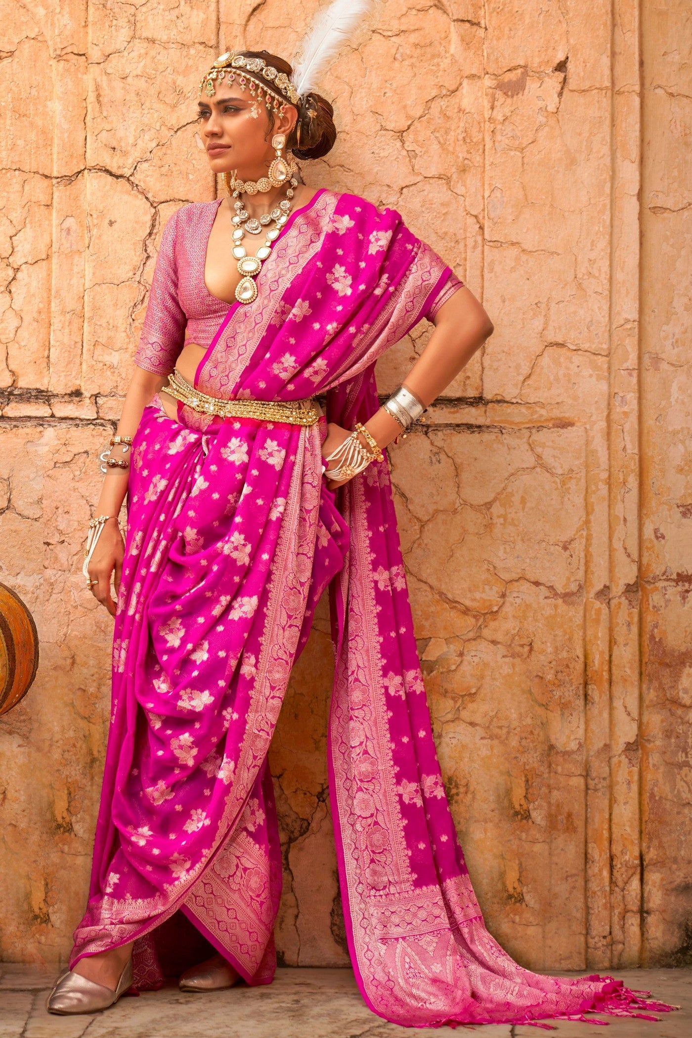 Magenta Pink Zari Woven Georgette Saree