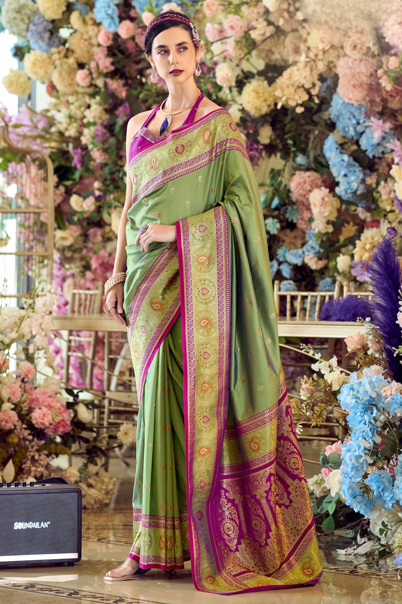 Avocado Green Woven Banarasi Soft Silk Saree