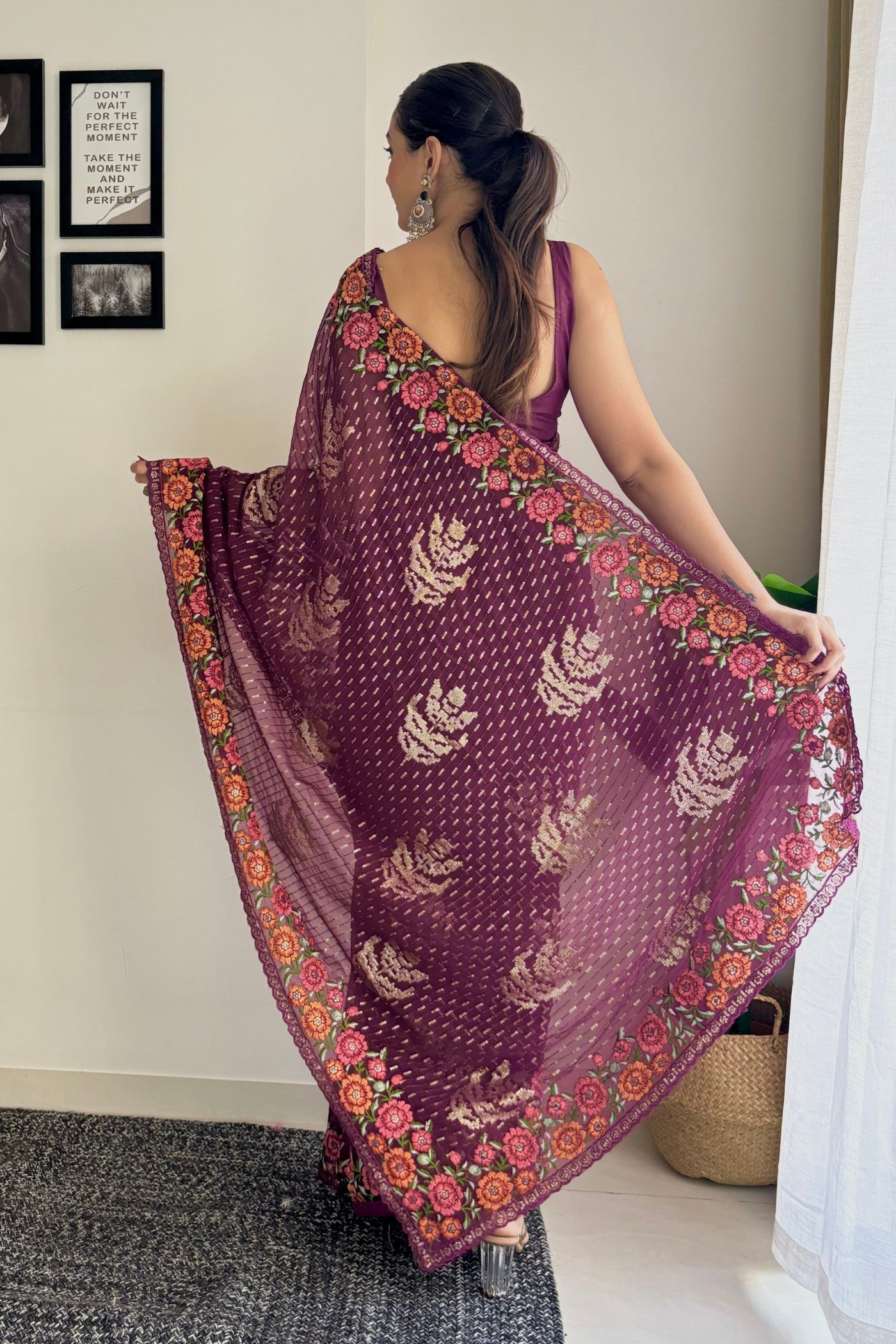 Wine Purple Embroidery Designer Georgette Saree