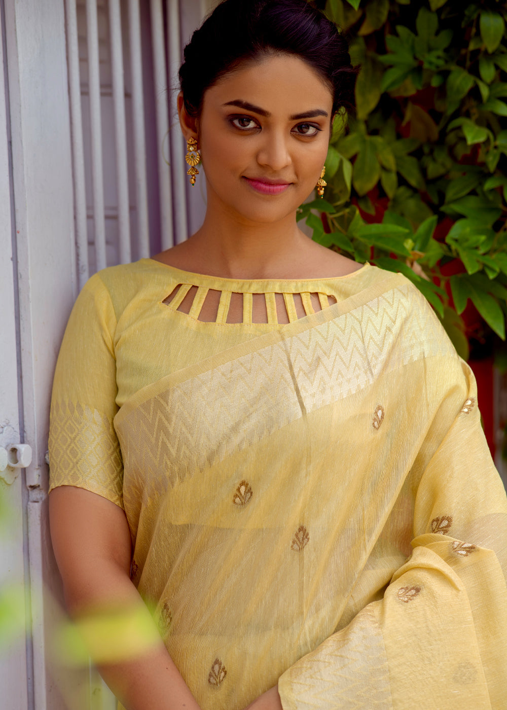 Calico Yellow Woven Banarasi Linen Silk Saree