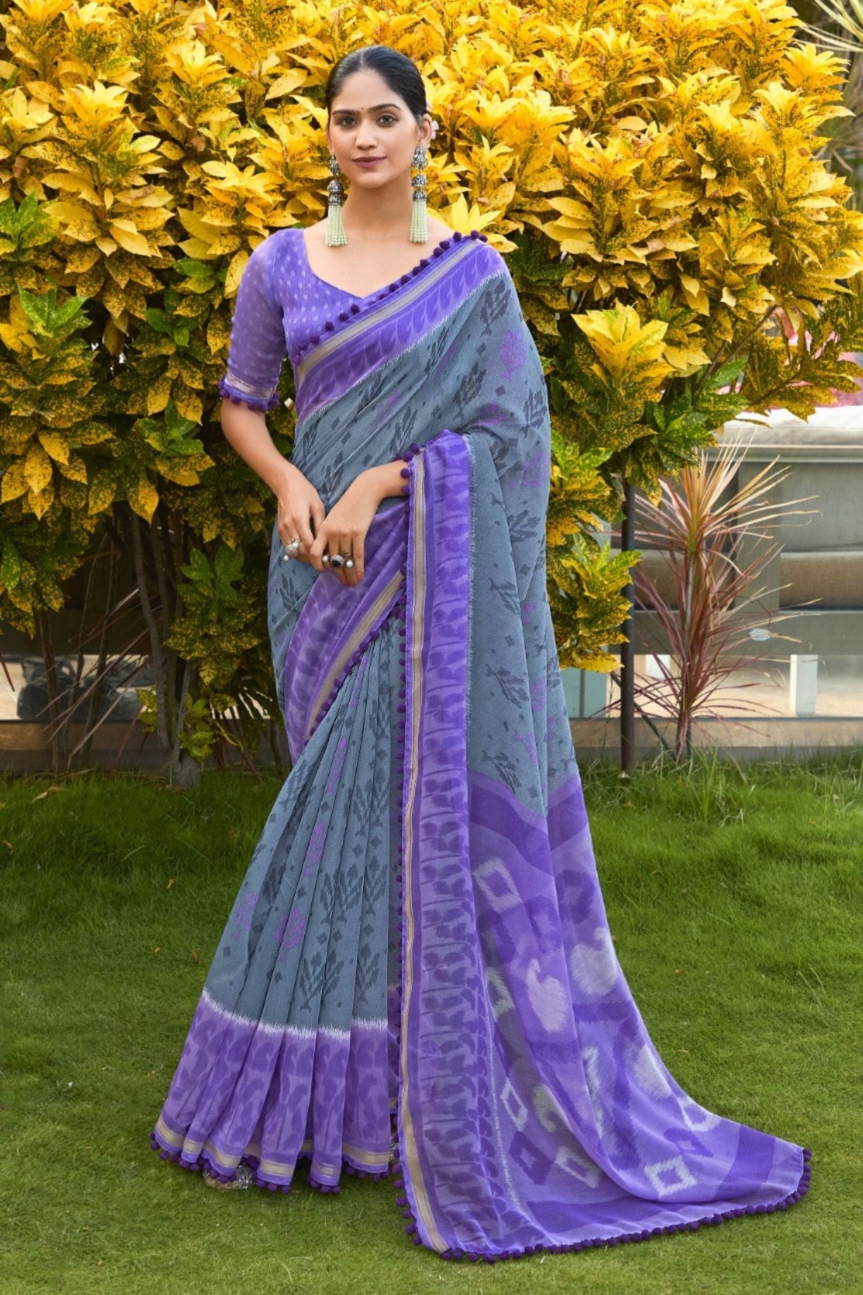 Spindle Grey and Purple Mul Mul Cotton Saree