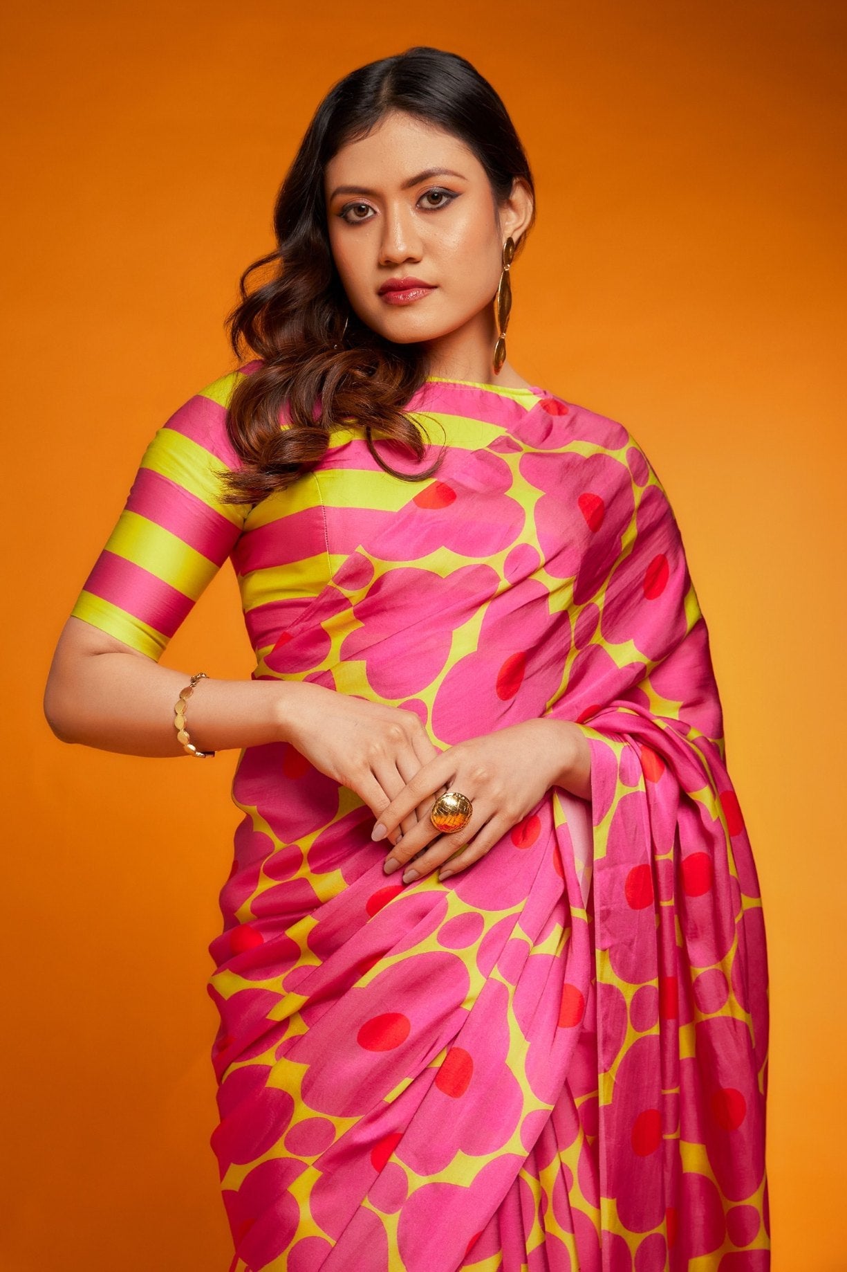 Strawberry Pink Digital Printed Satin Silk Saree