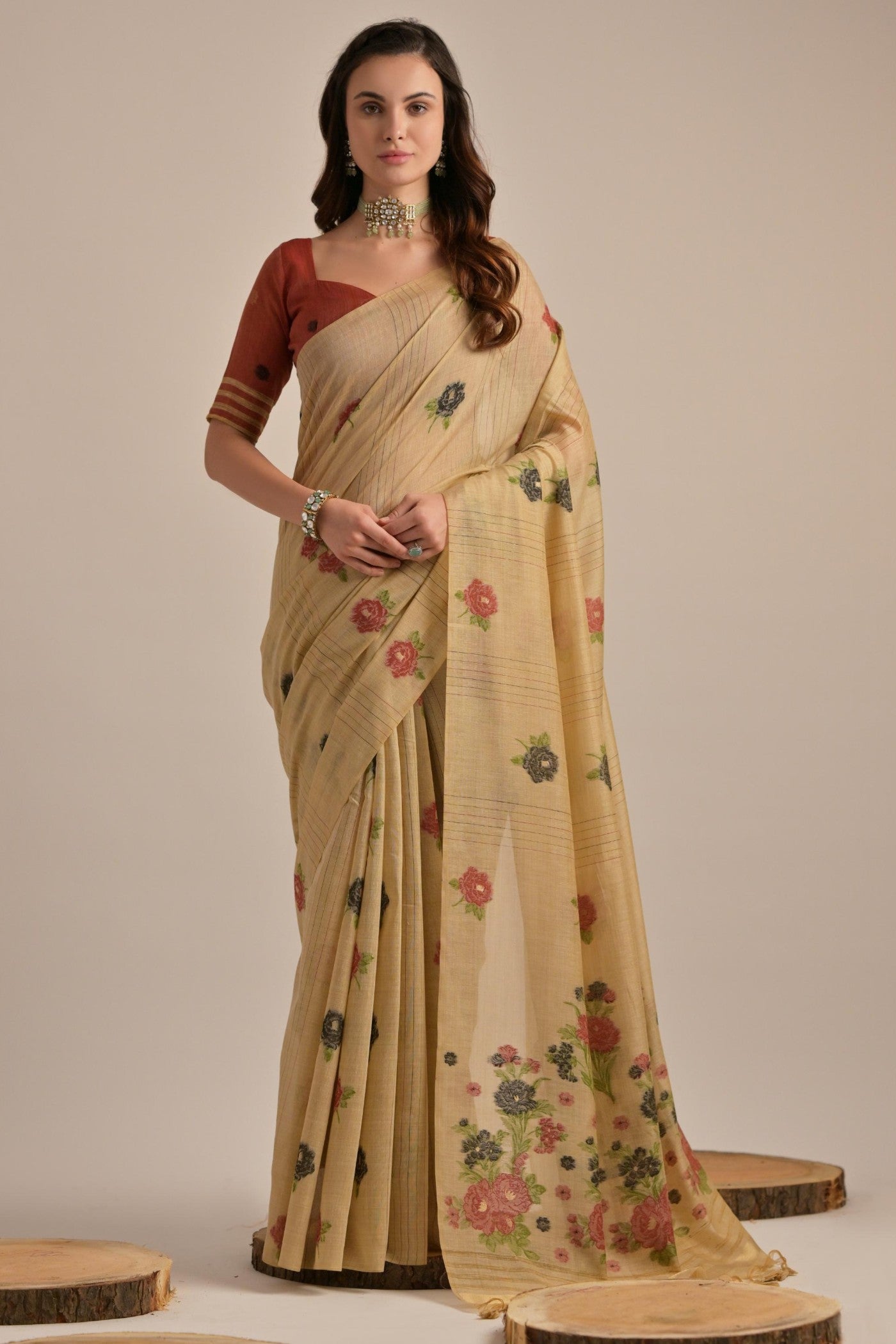 Mustard Yellow Floral Woven Muga Cotton Saree