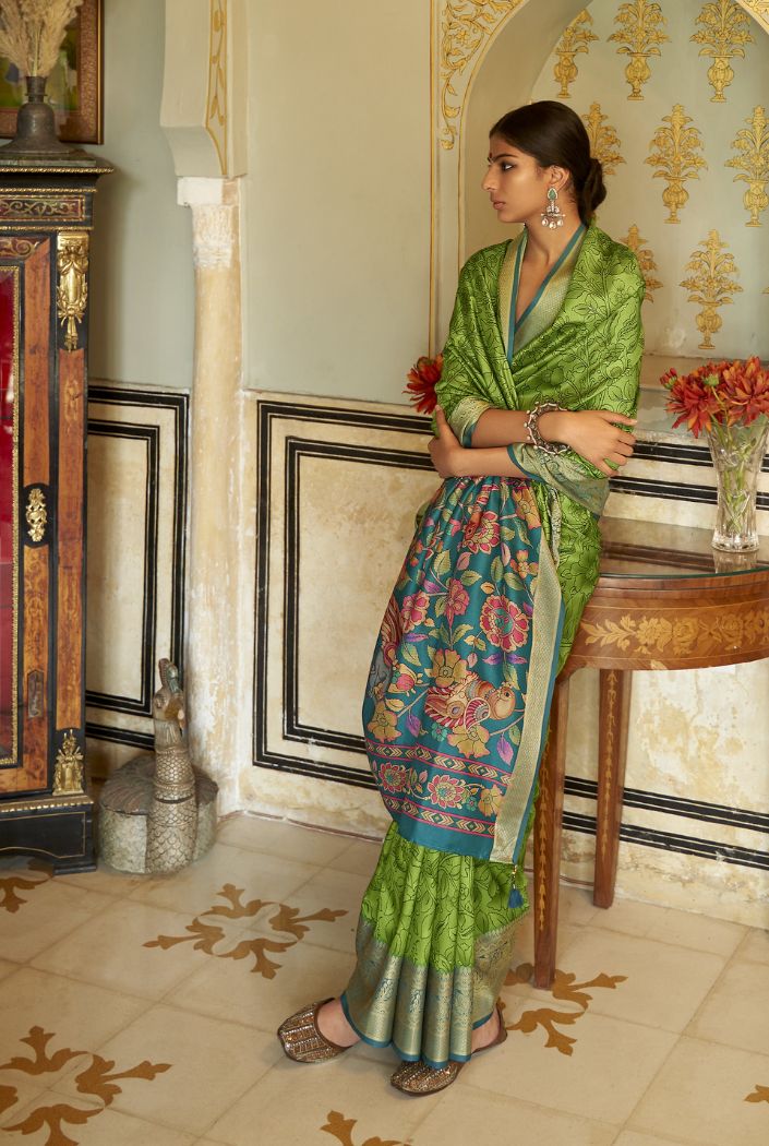 Sycamore Green Printed Kalamakri Silk Saree