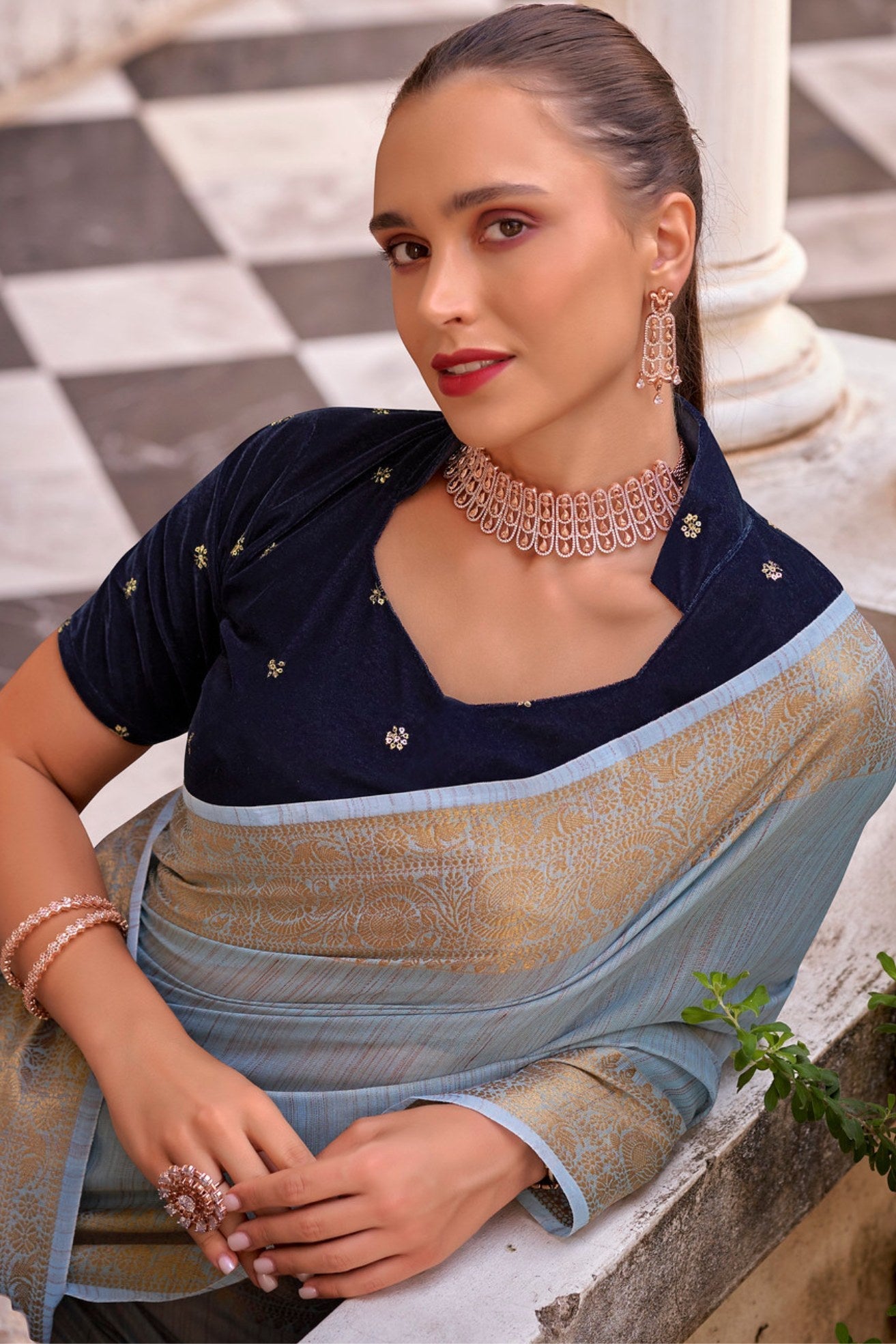 Pale Sky Blue Zari Woven Linen Saree