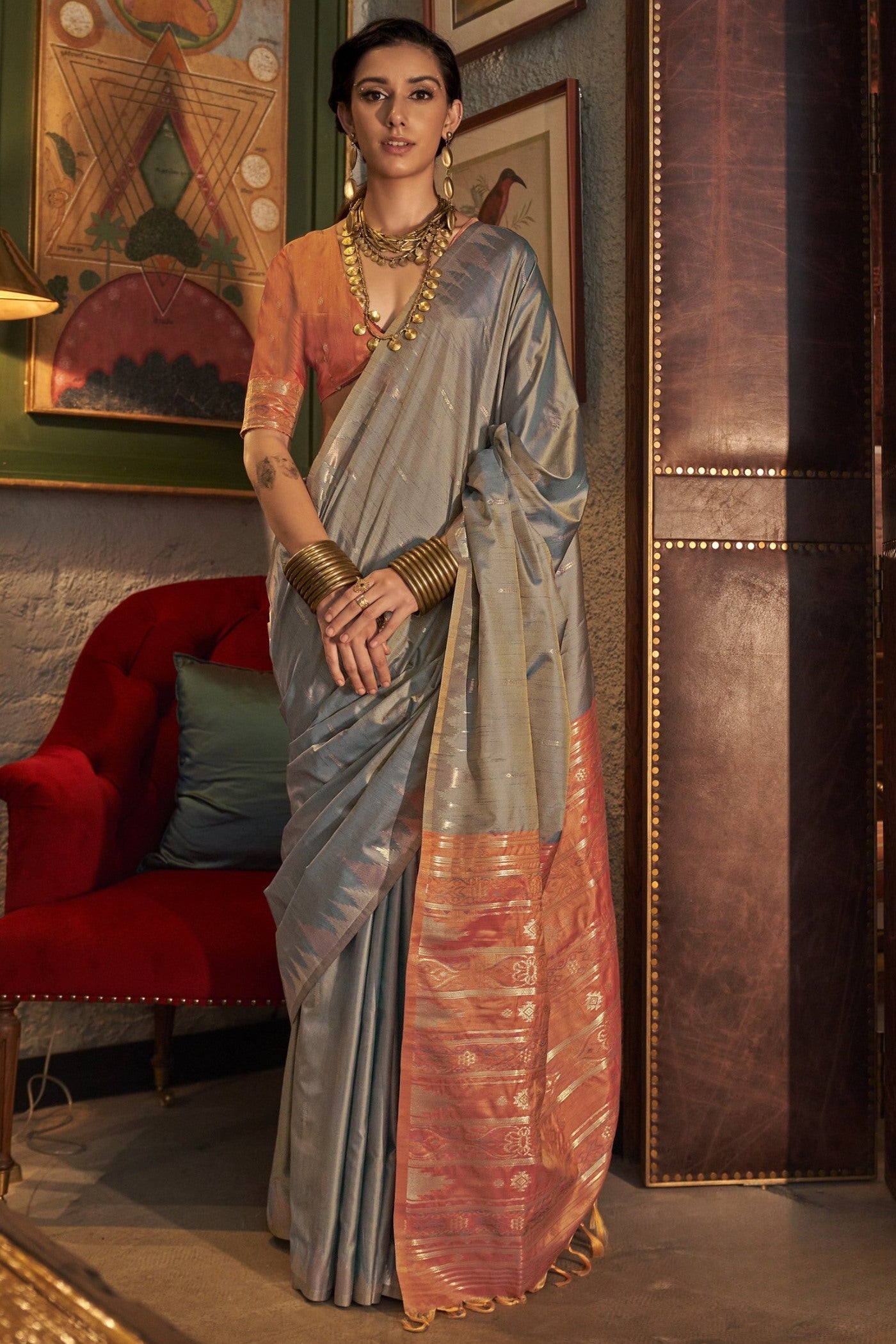 Cloudy Grey Woven Linen Saree