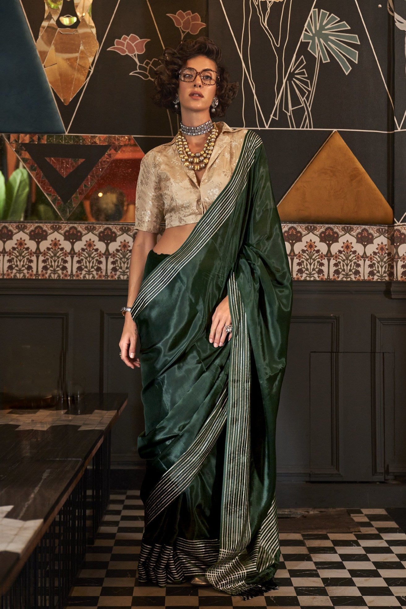 Rangitoto Green Viscose Satin Handloom Saree