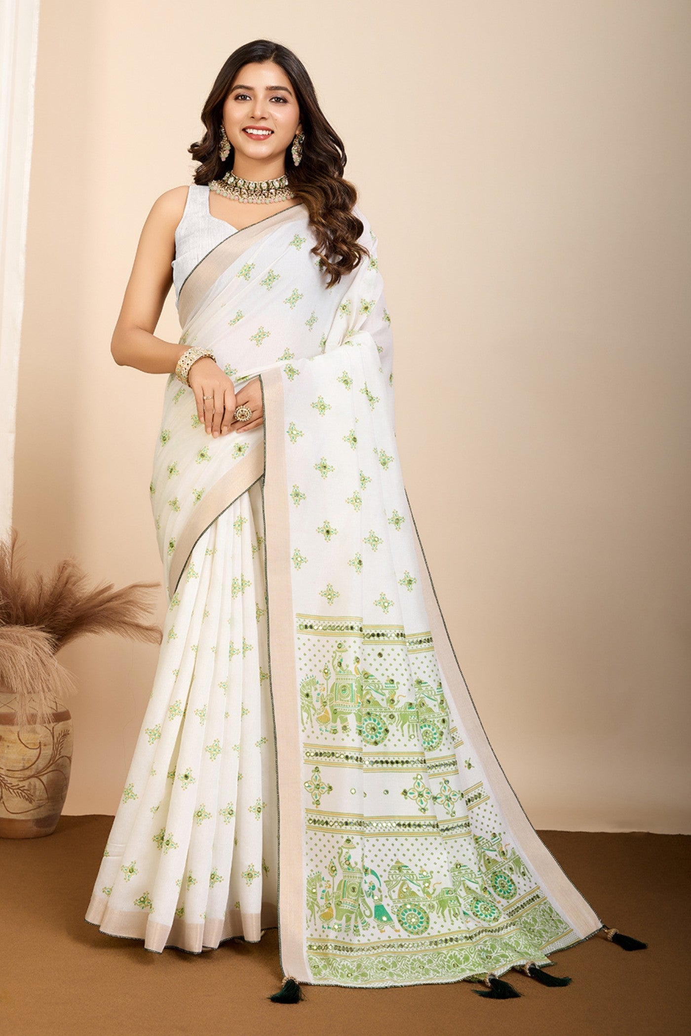 Swiss White and Green Printed Cotton Designer Saree