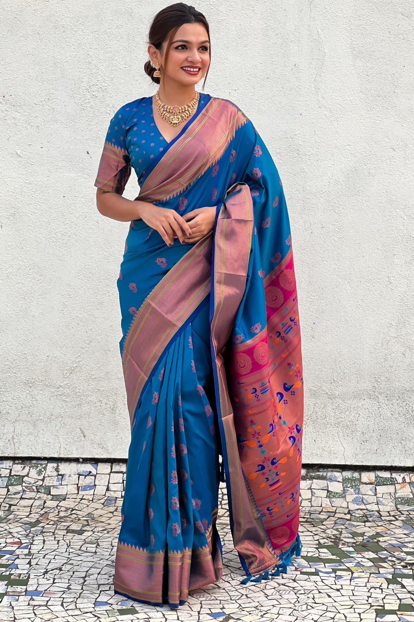 Congress Blue Zari Woven Nath Paithani Saree