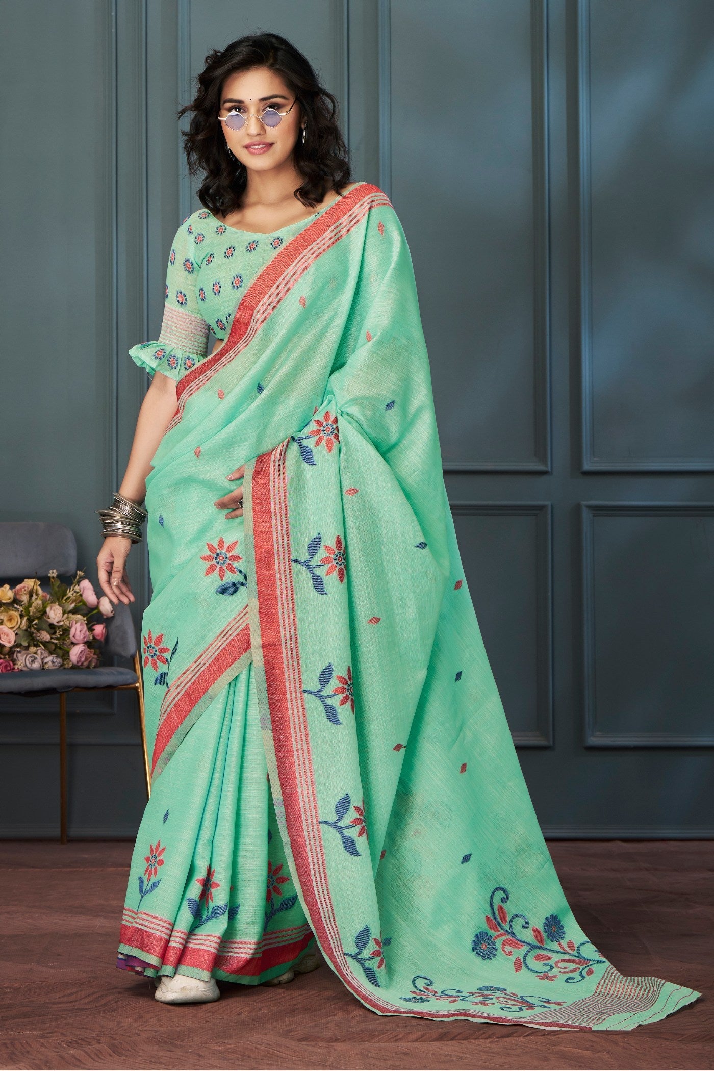 Vista Green Handloom Linen Saree