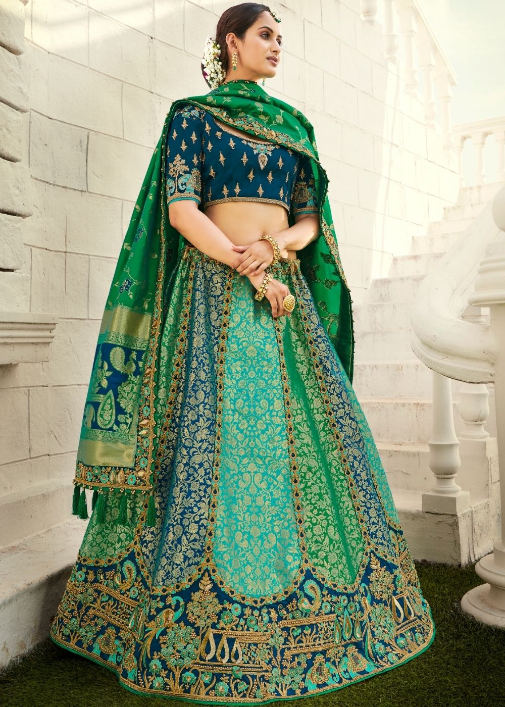 Green Pea Heavy Embroidered Designer Banarasi Lehenga