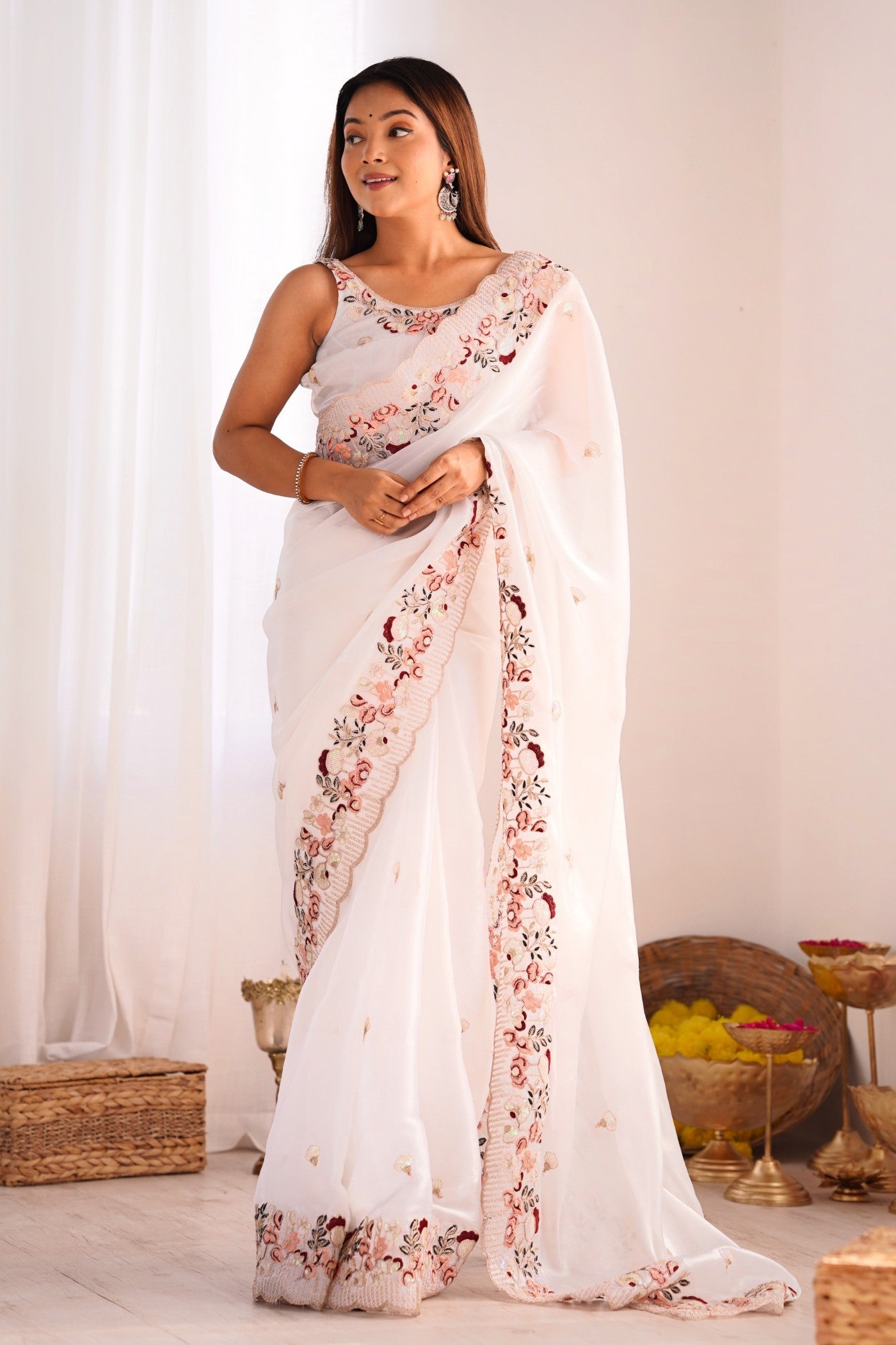 Snow White Embroidered Party Wear Saree