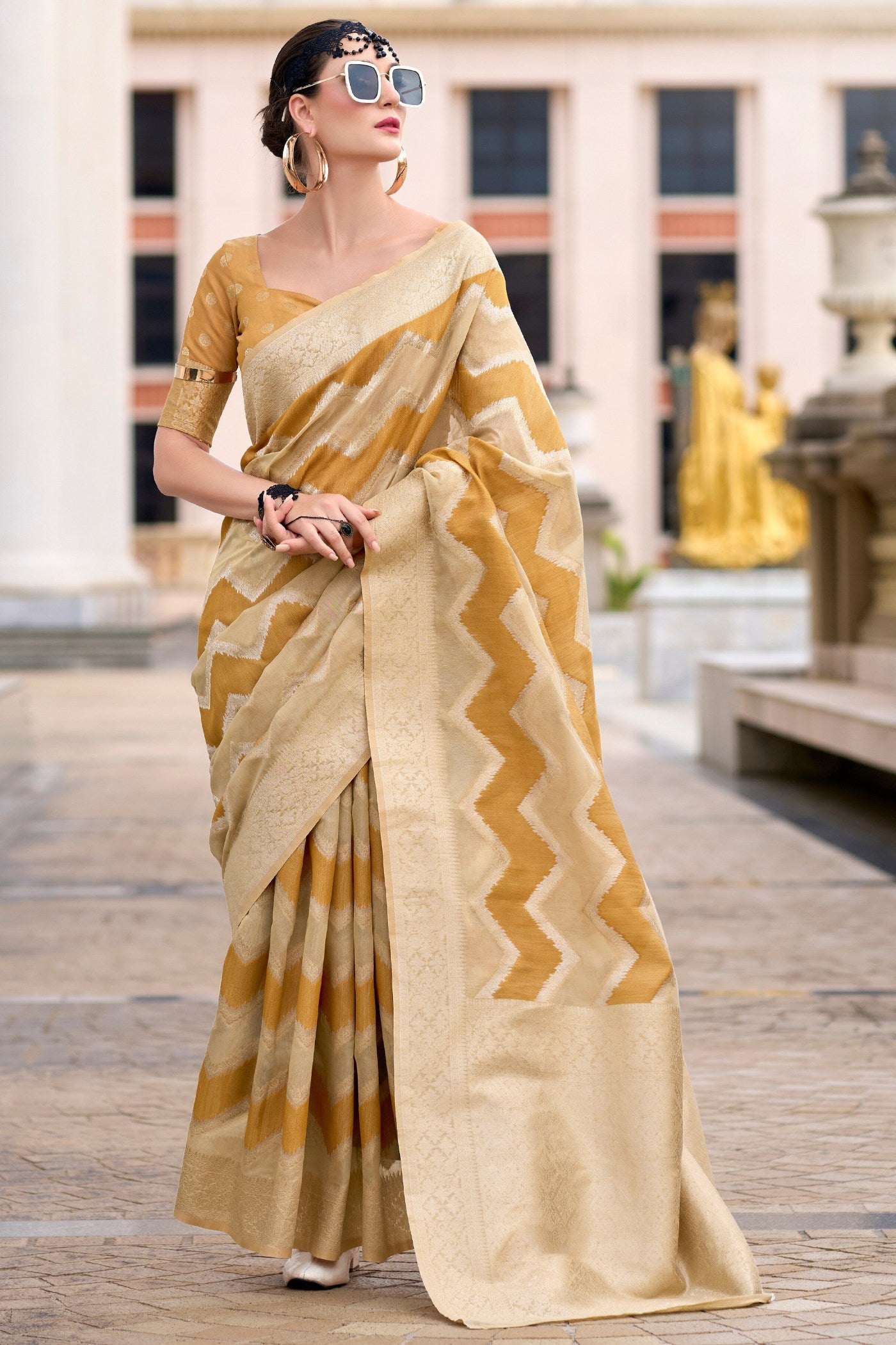 Copper Yellow Woven Linen Cotton Saree