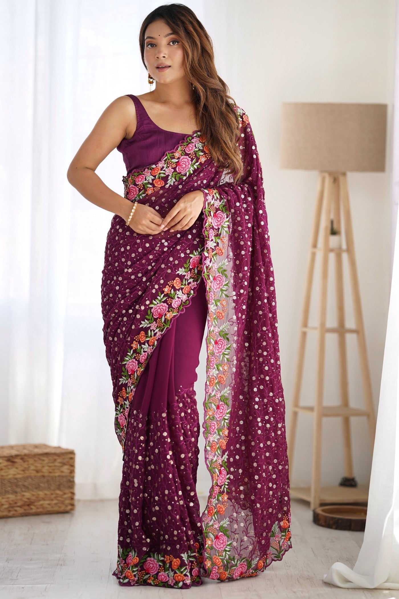 Wine Purple Embroidered Georgette Saree