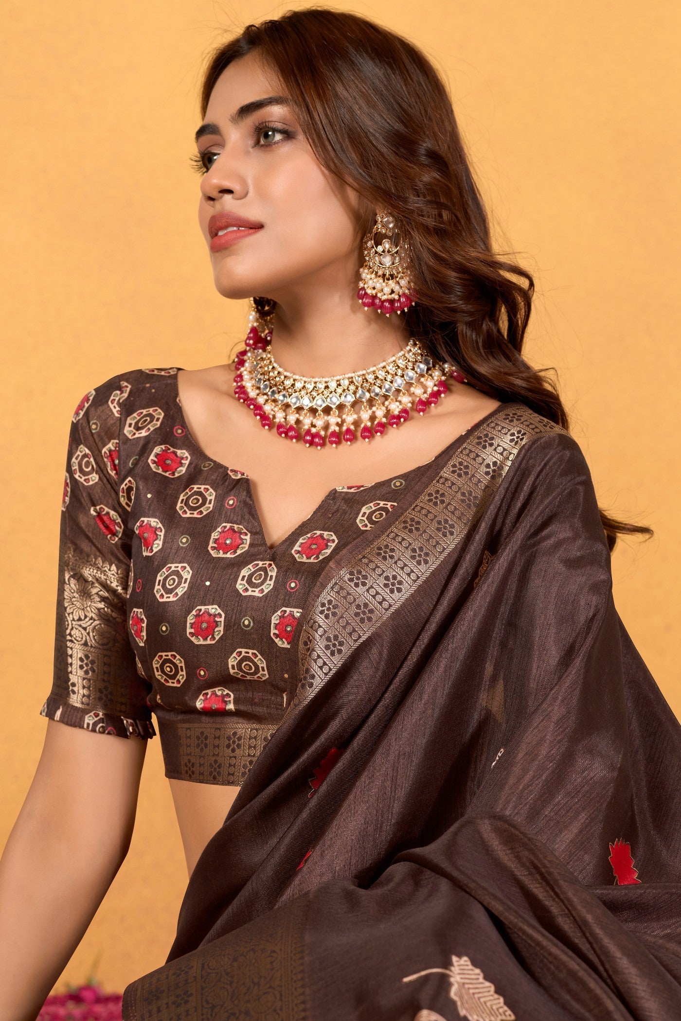 Caramel Brown Woven Dola Silk Saree