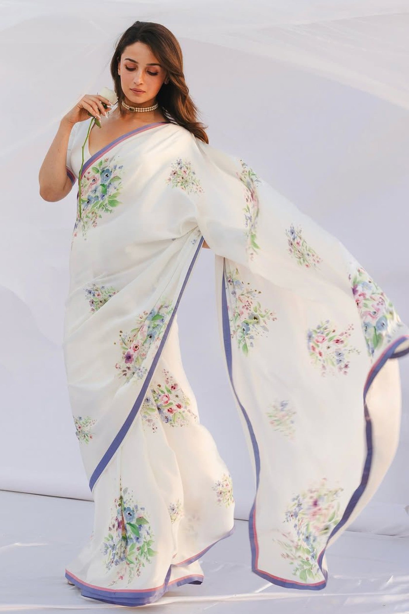 Alia Bhatt Inspired Daisy White Floral Printed Satin Silk Saree