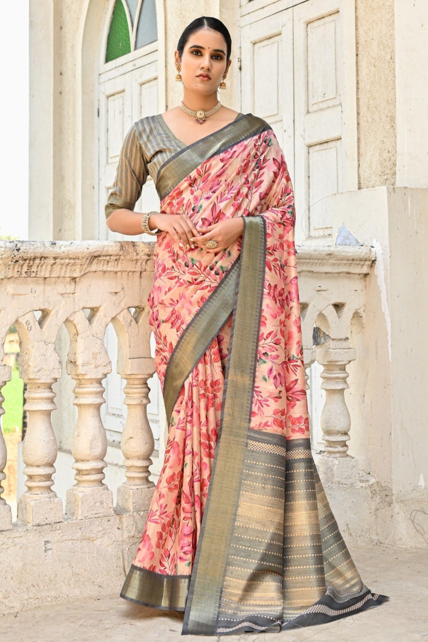 Tonys Peach Tussar Printed Silk Saree