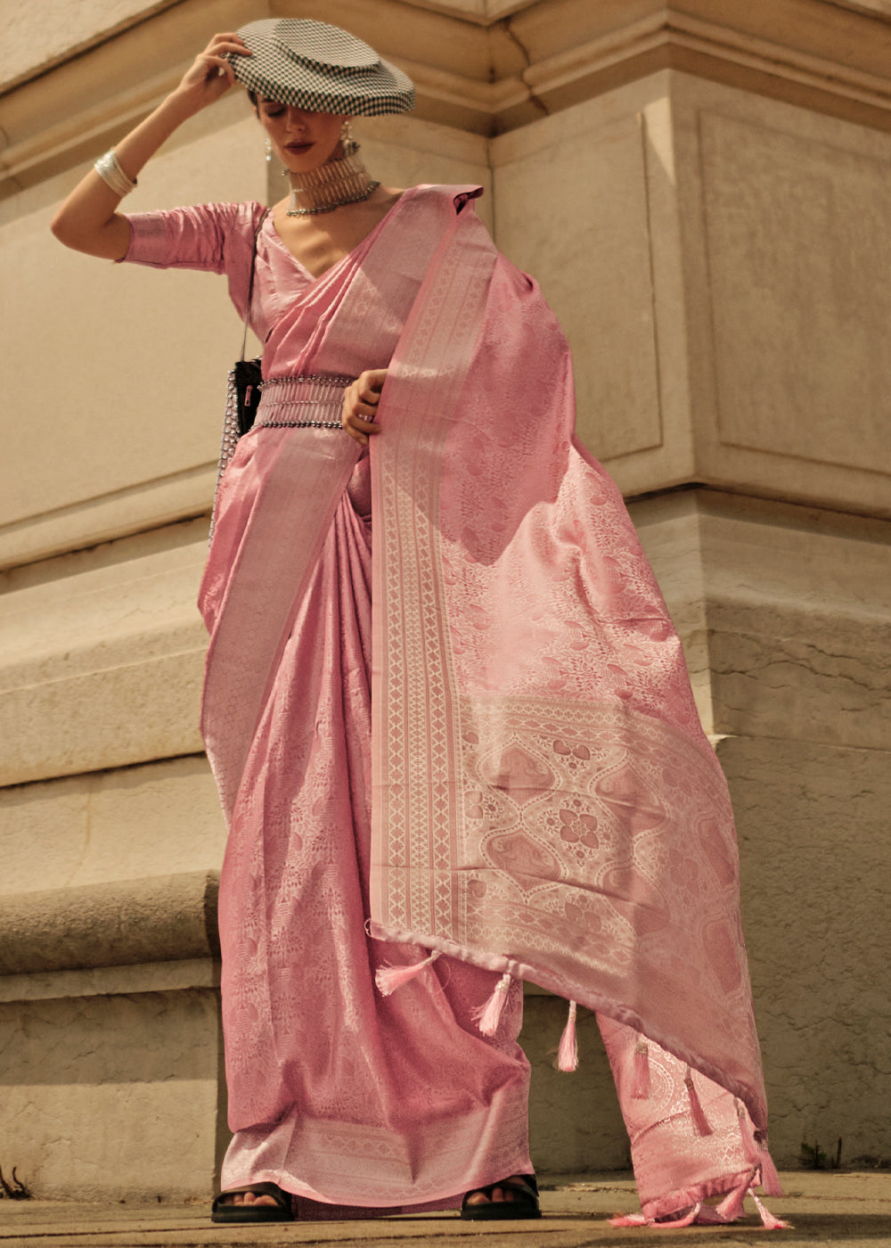 Tonys Peach Woven Banarasi Satin Silk Saree