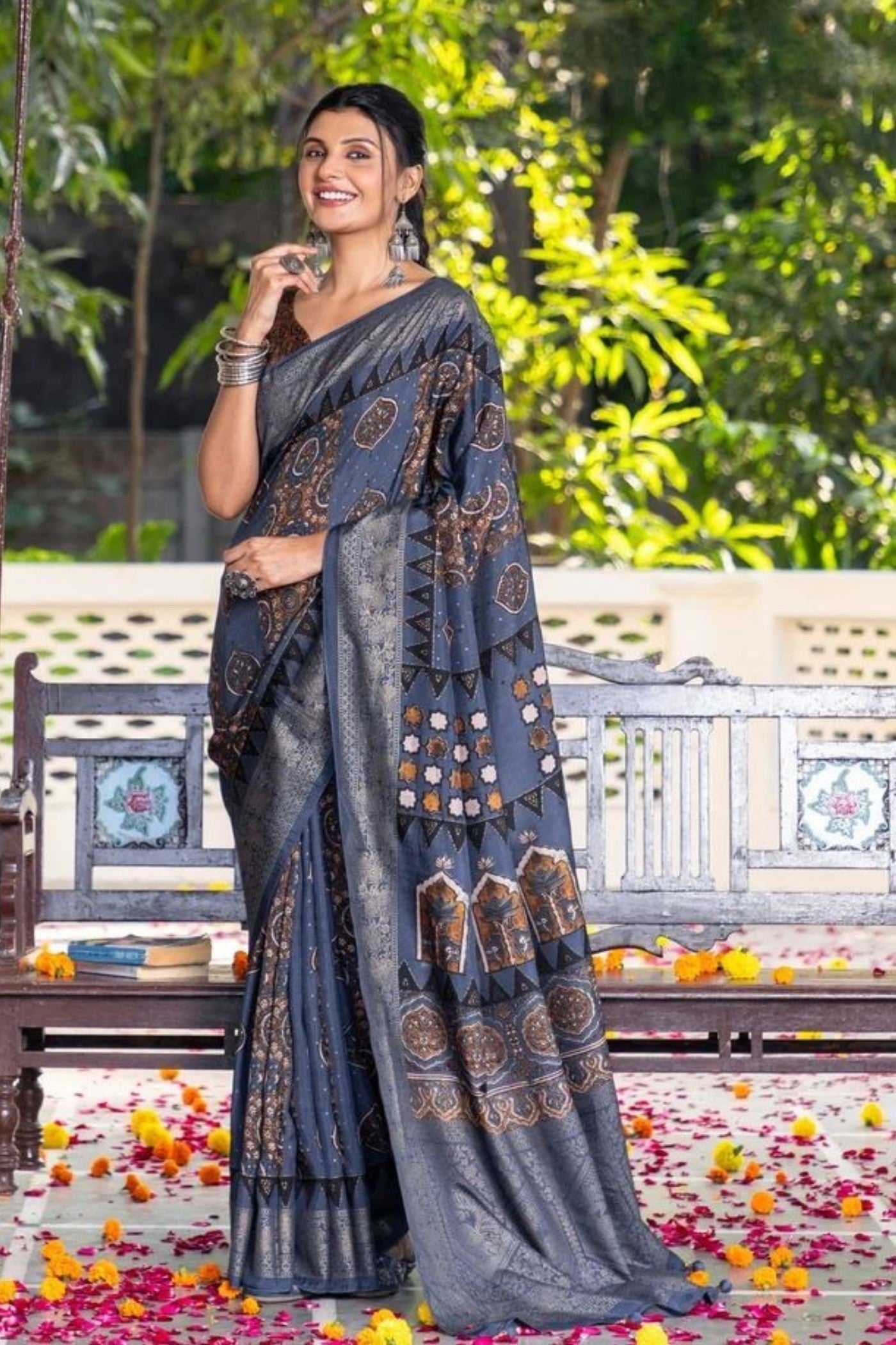 Cloudy Grey Ajrakh Digital Printed Satin Saree