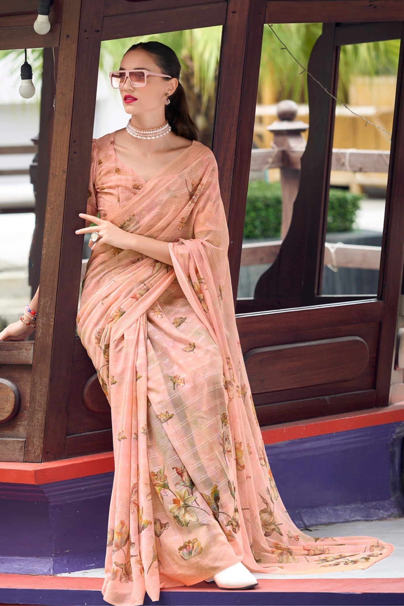 Wax Flower Peach Chiffon Silk Saree