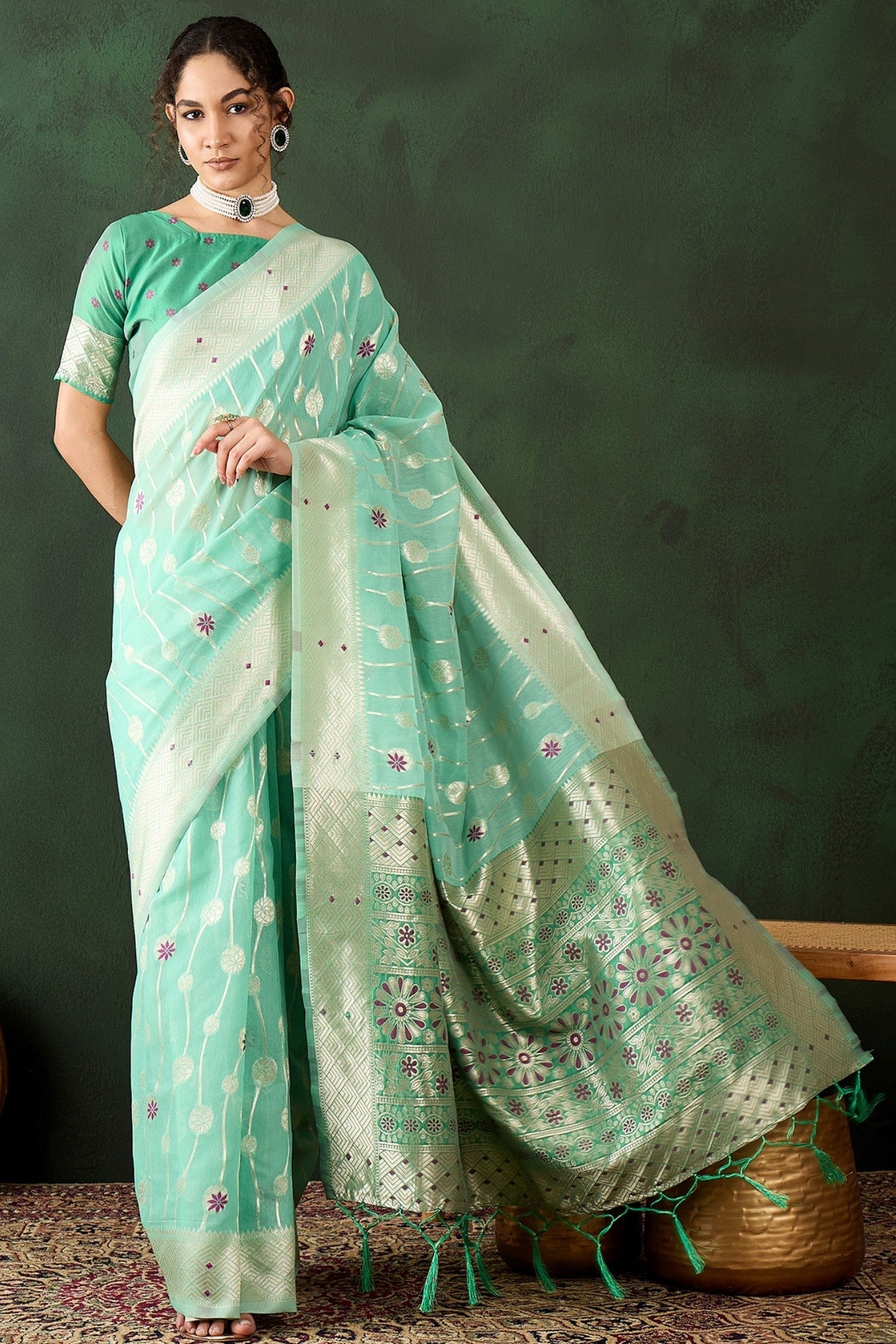 Sage Green Woven Cotton Saree