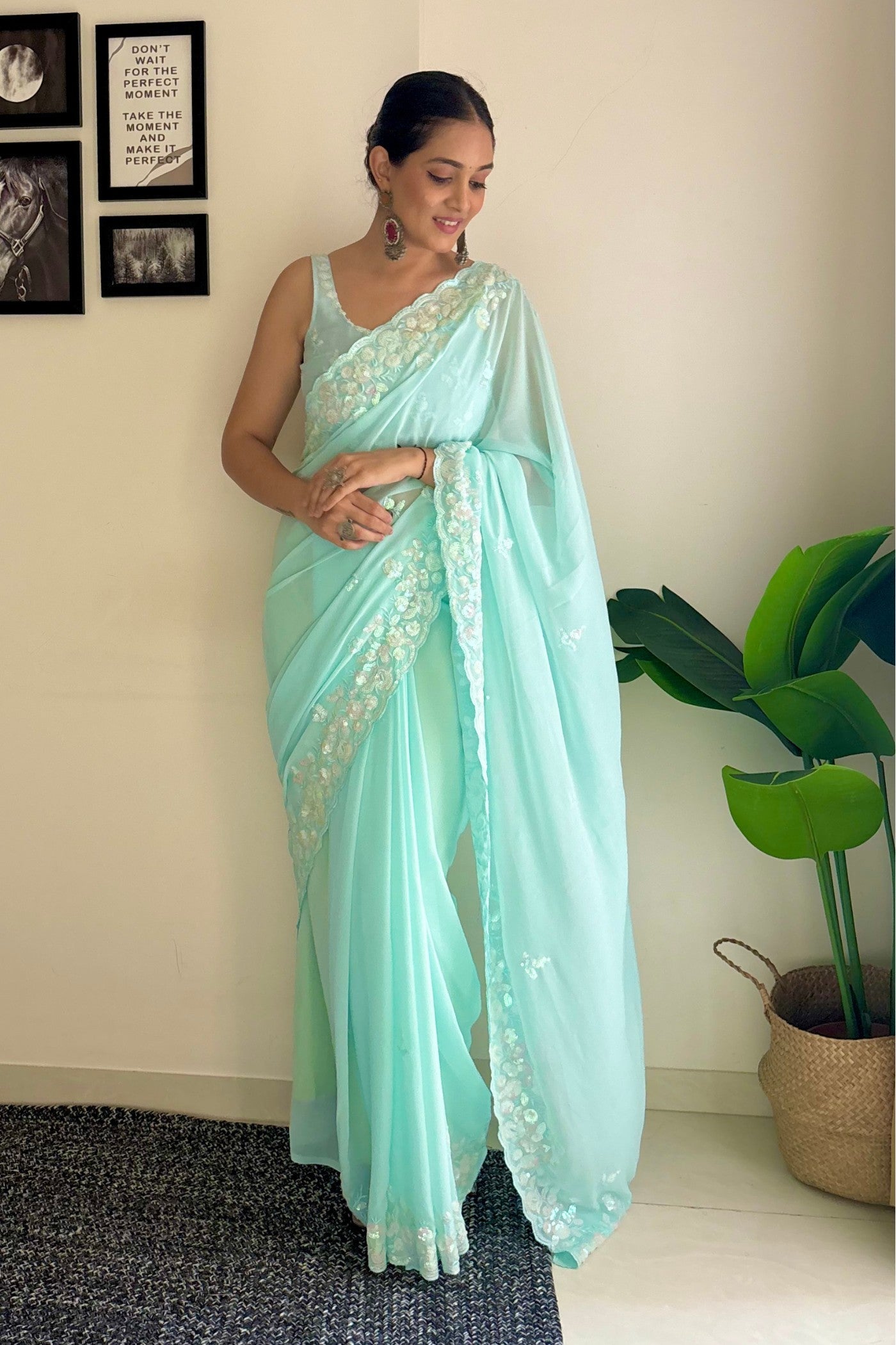 Morning Glory Blue Embroidery Georgette saree