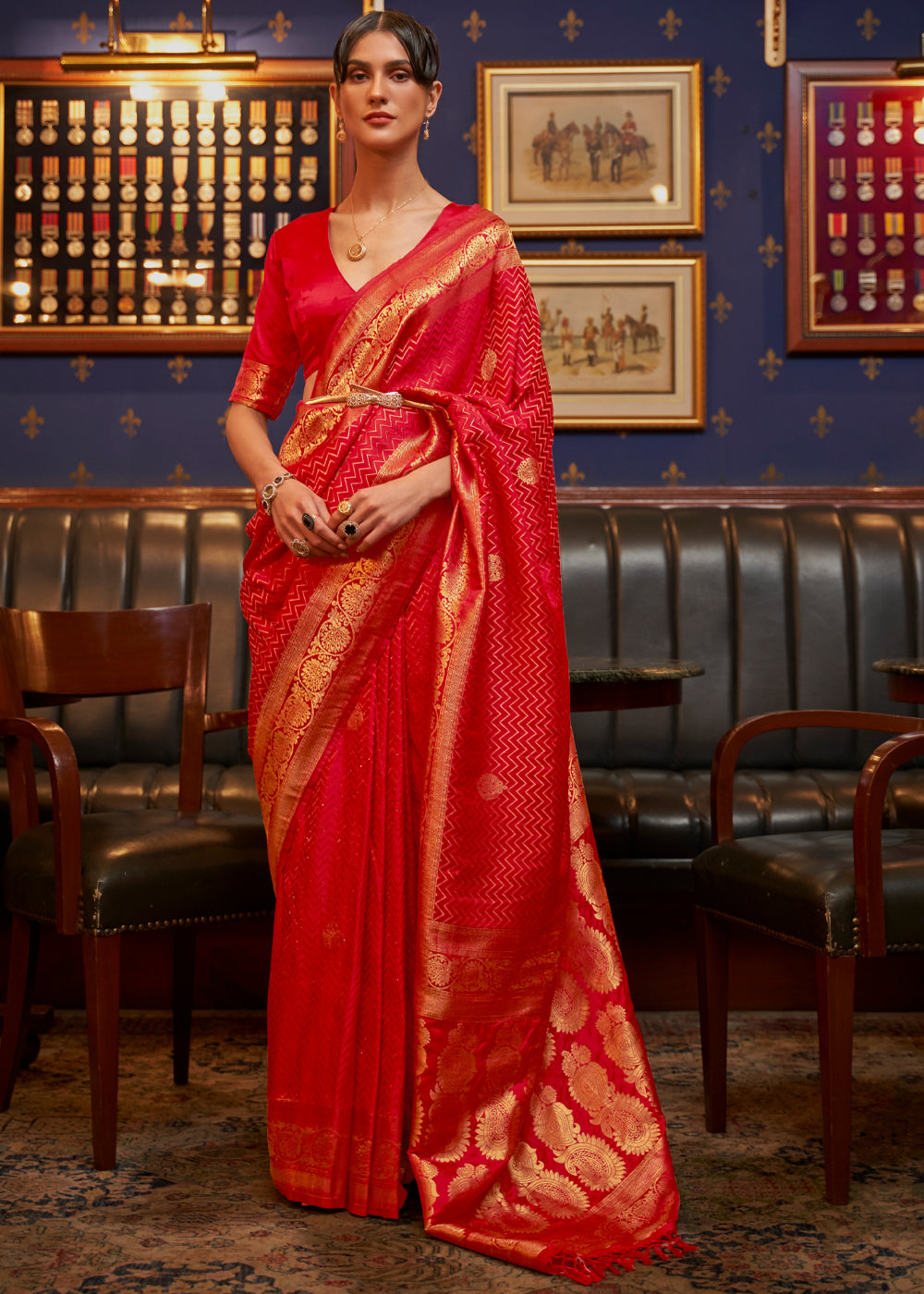 Rusty Red Woven Banarasi Silk Saree