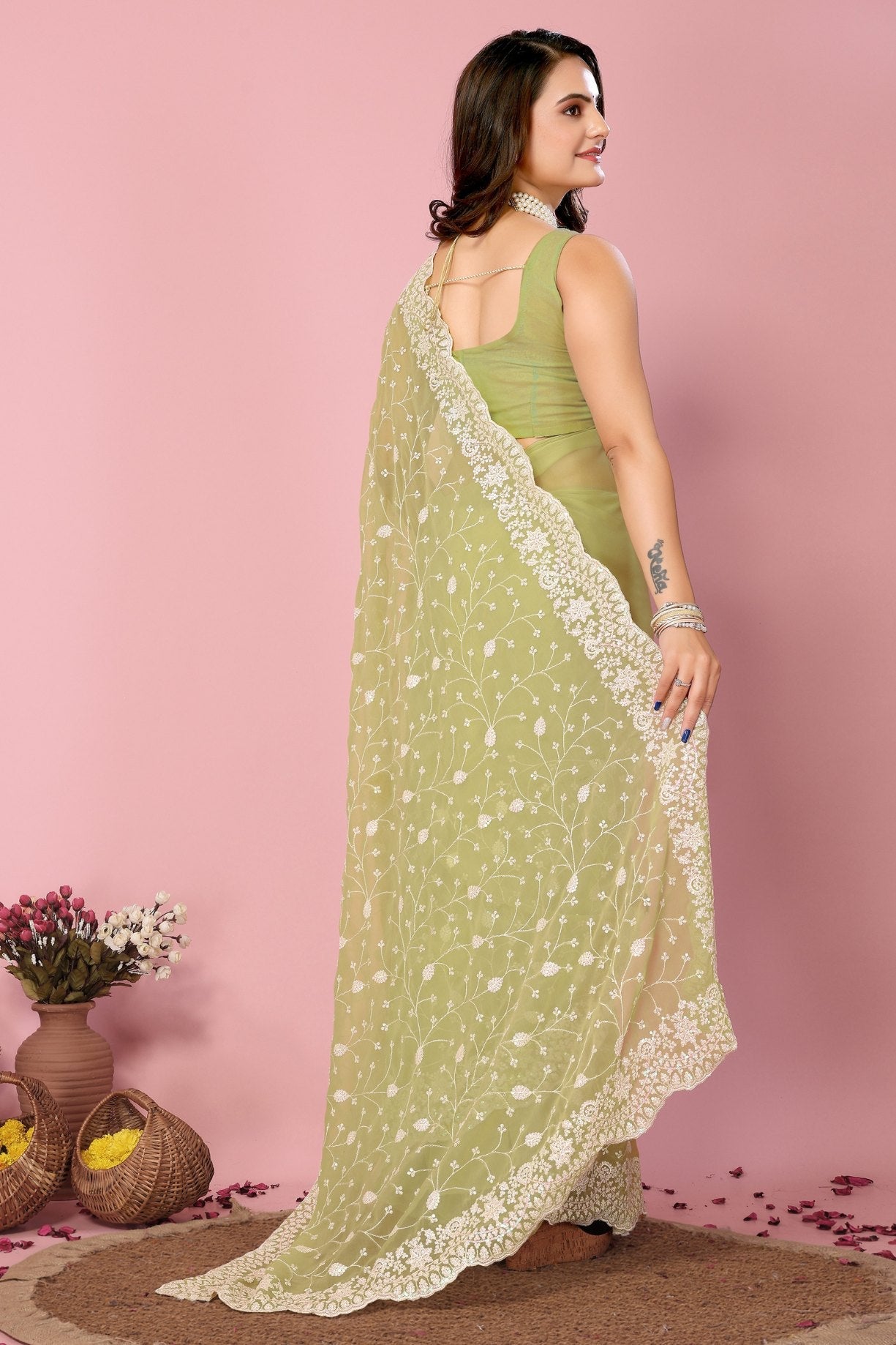 Pista Green Georgette Embroidered Silk Saree