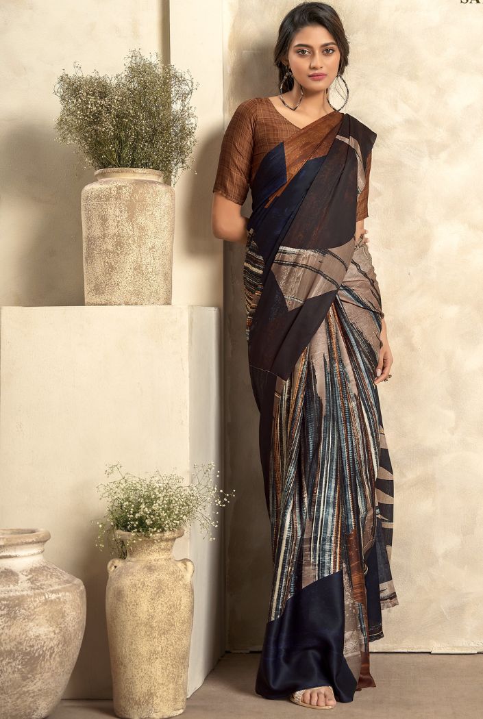 Umber Brown and Black Printed Satin Silk Saree