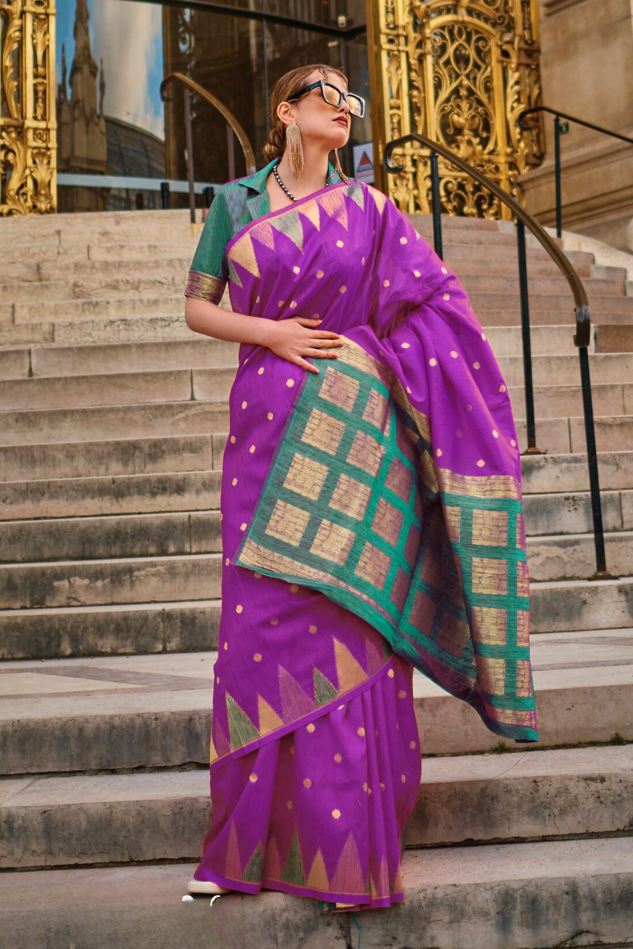 Midnight Pearl Purple South Tussar Temple Border Silk Saree