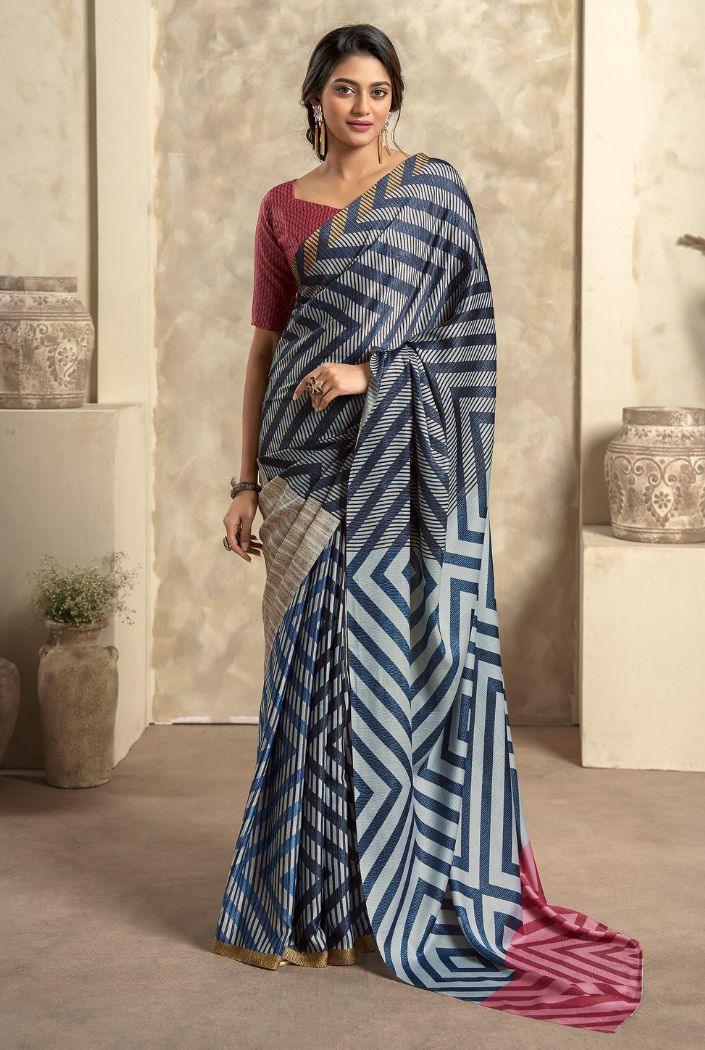 Usafa Blue Printed Satin Silk Saree