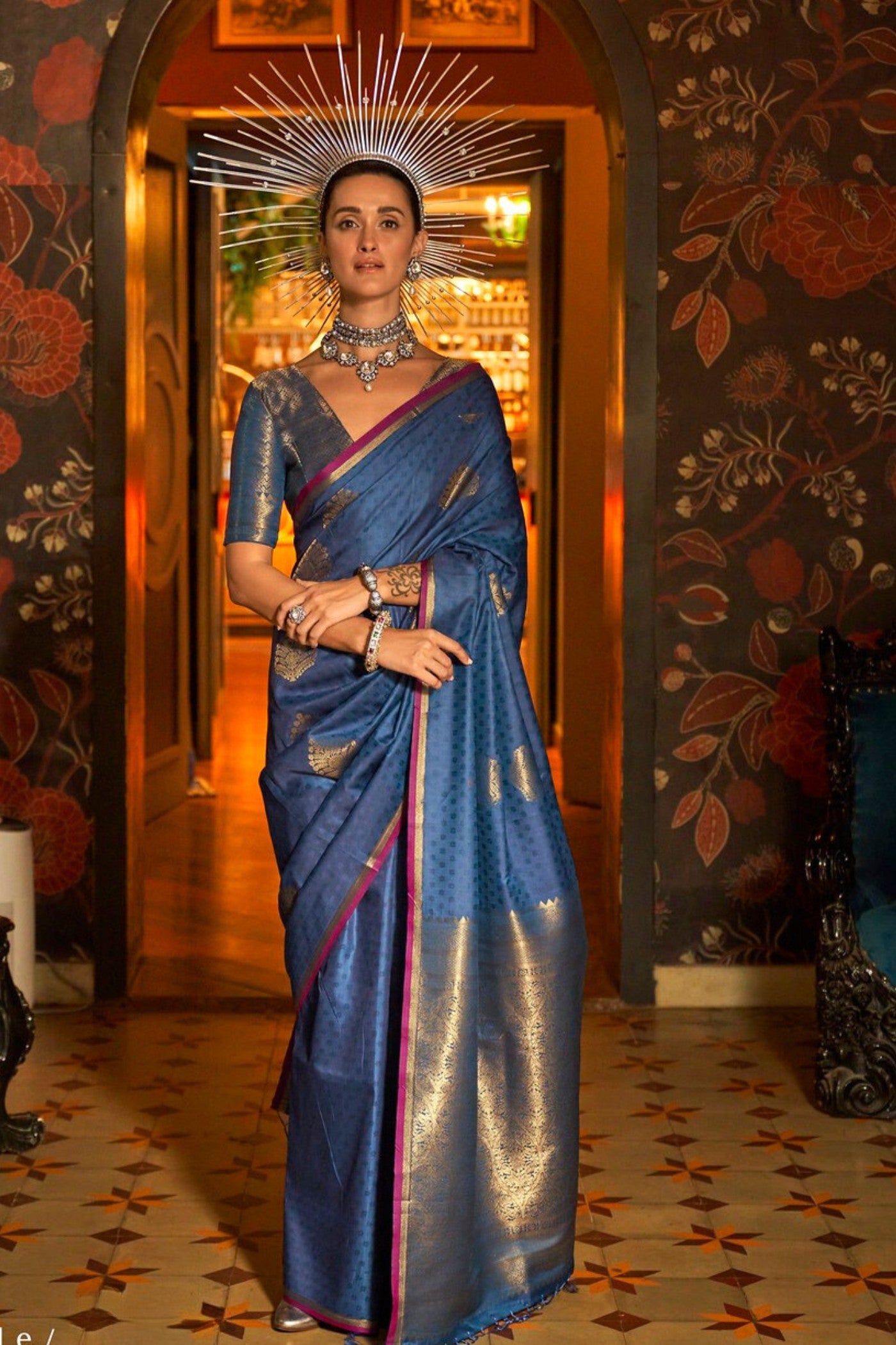 Boston Blue Handloom Banarasi Saree