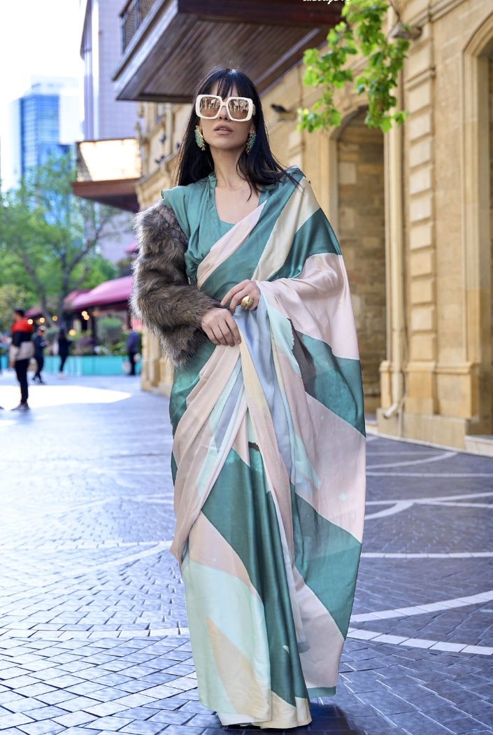 Pastel Cream and Green Digital Printed Satin Silk Saree