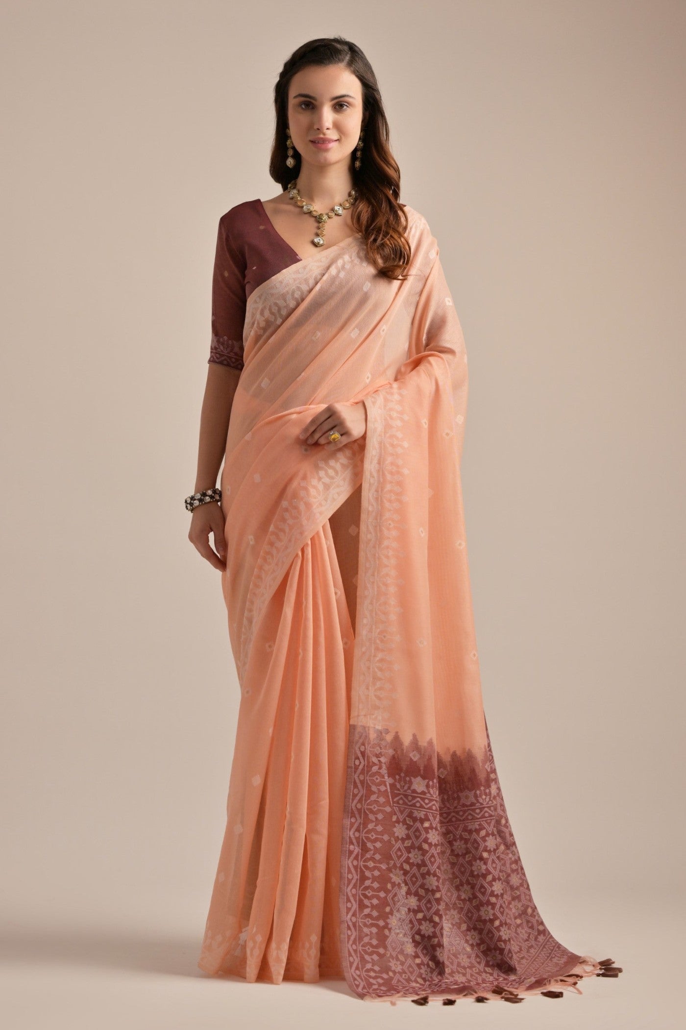 Rose Bud Peach Lucknowi Woven Muga Cotton Saree