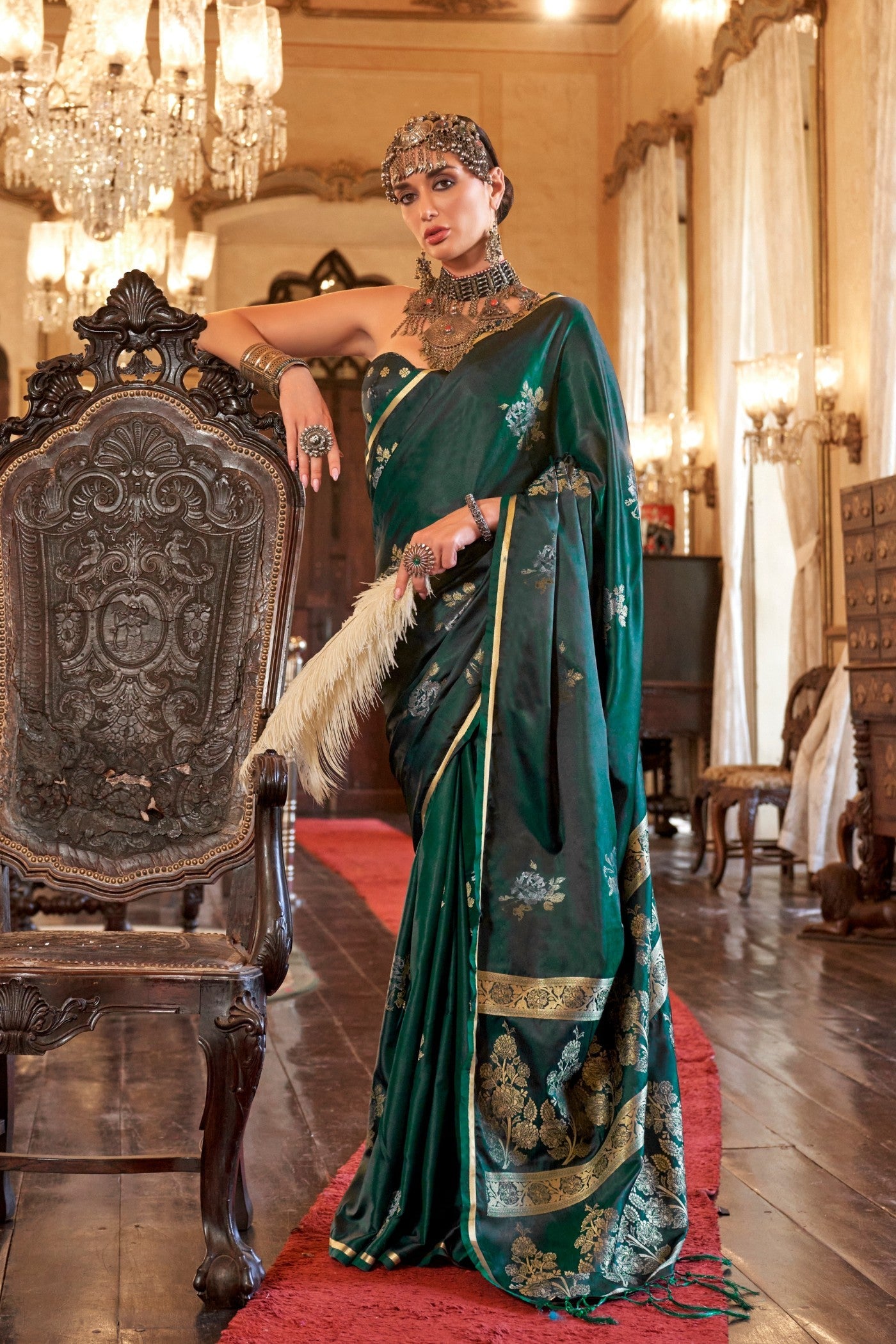 Lawn Green Banarasi Satin Saree