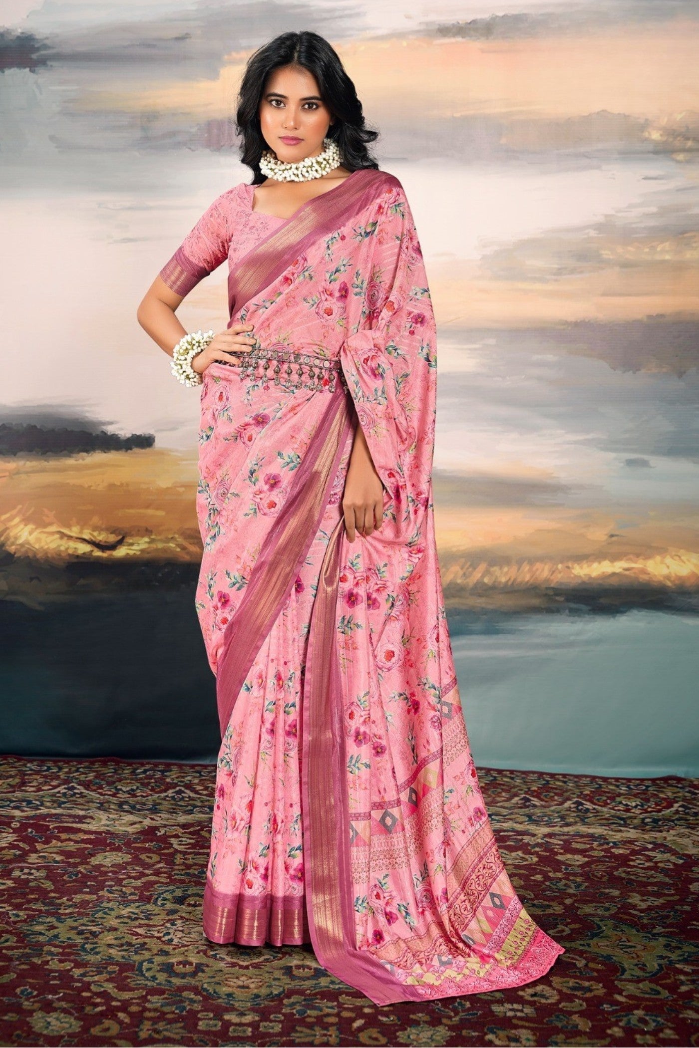 New York Pink Digital Printed Cotton Saree