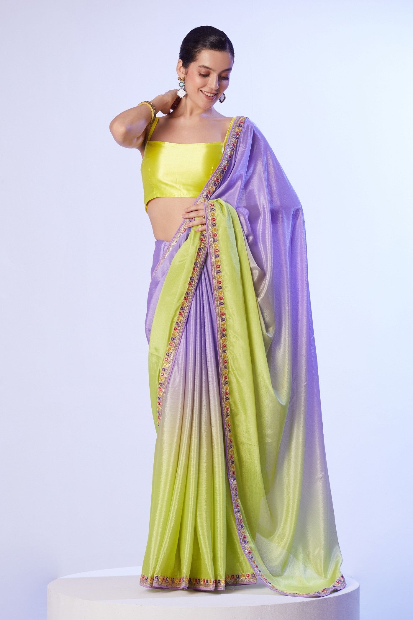 Neon Yellow and Purple Designer Partywear Saree