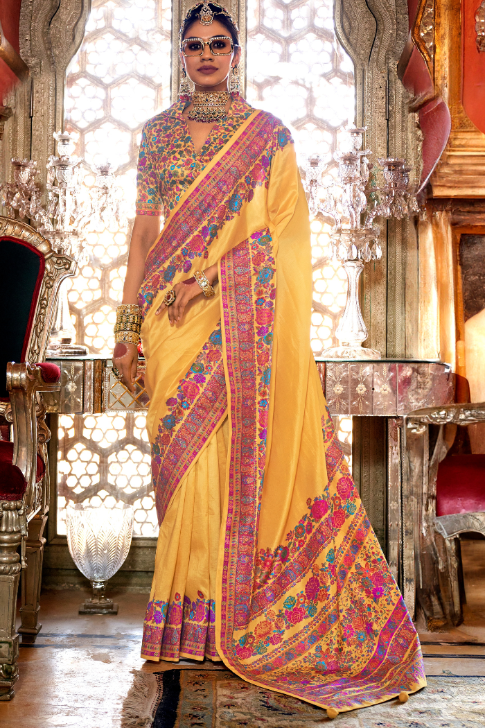 Saffron Mango Yellow Printed Banarasi Saree